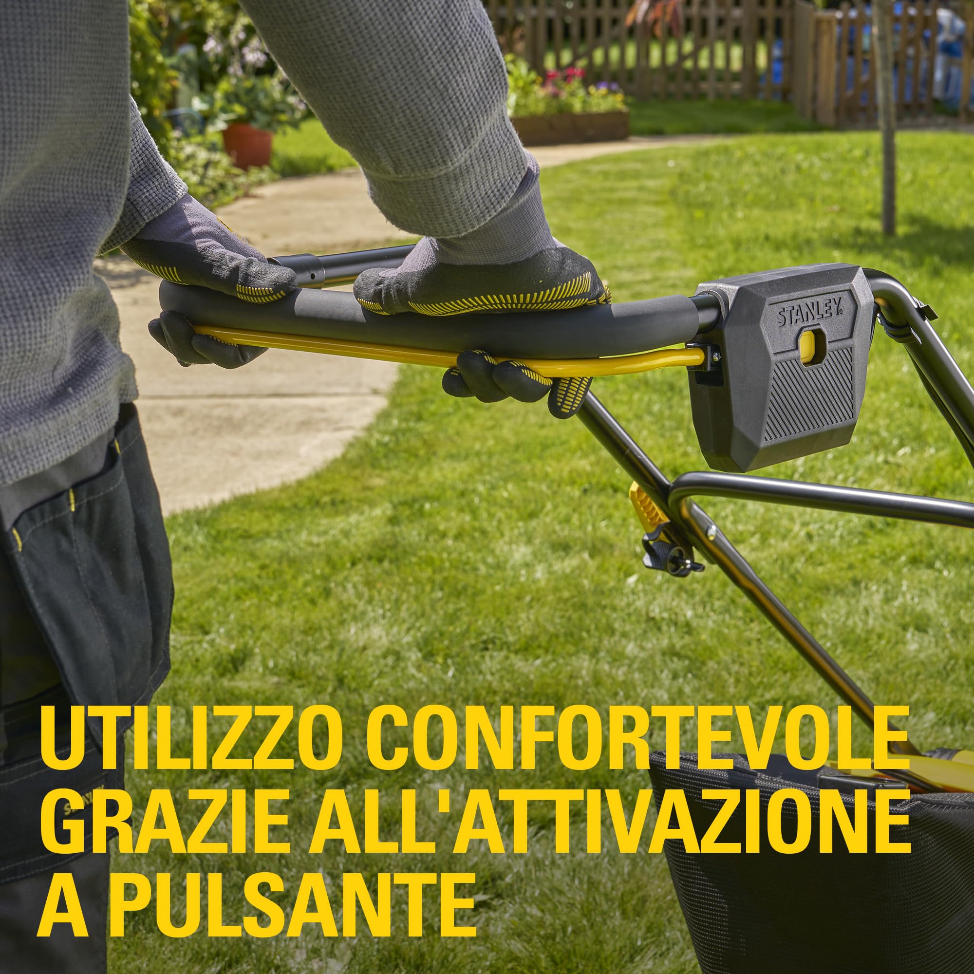STANLEY V20 Cordless Brushless 34cm Walk-Behind Mower, include batteria Li-Ion 4Ah e caricatore 2A, 18V, SCMWP3401M1-QW