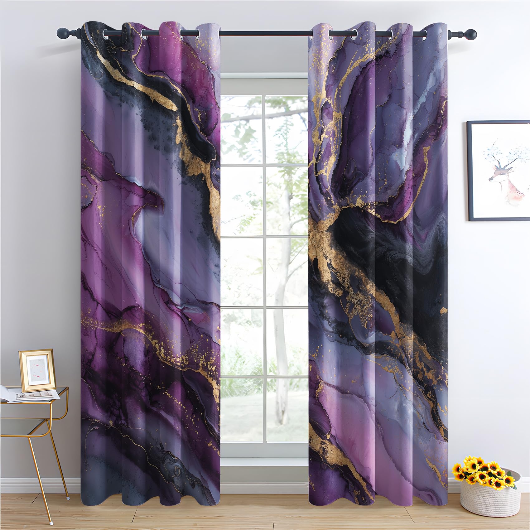 Venivici Marble Blackout Curtains for Bedroom Living Room - 90 Inch Drop Curtains Eyelet, Purple Black Gold Abstract Patterned Window Treatments, Thermal Insulated Drapes 90x90 2 Panels