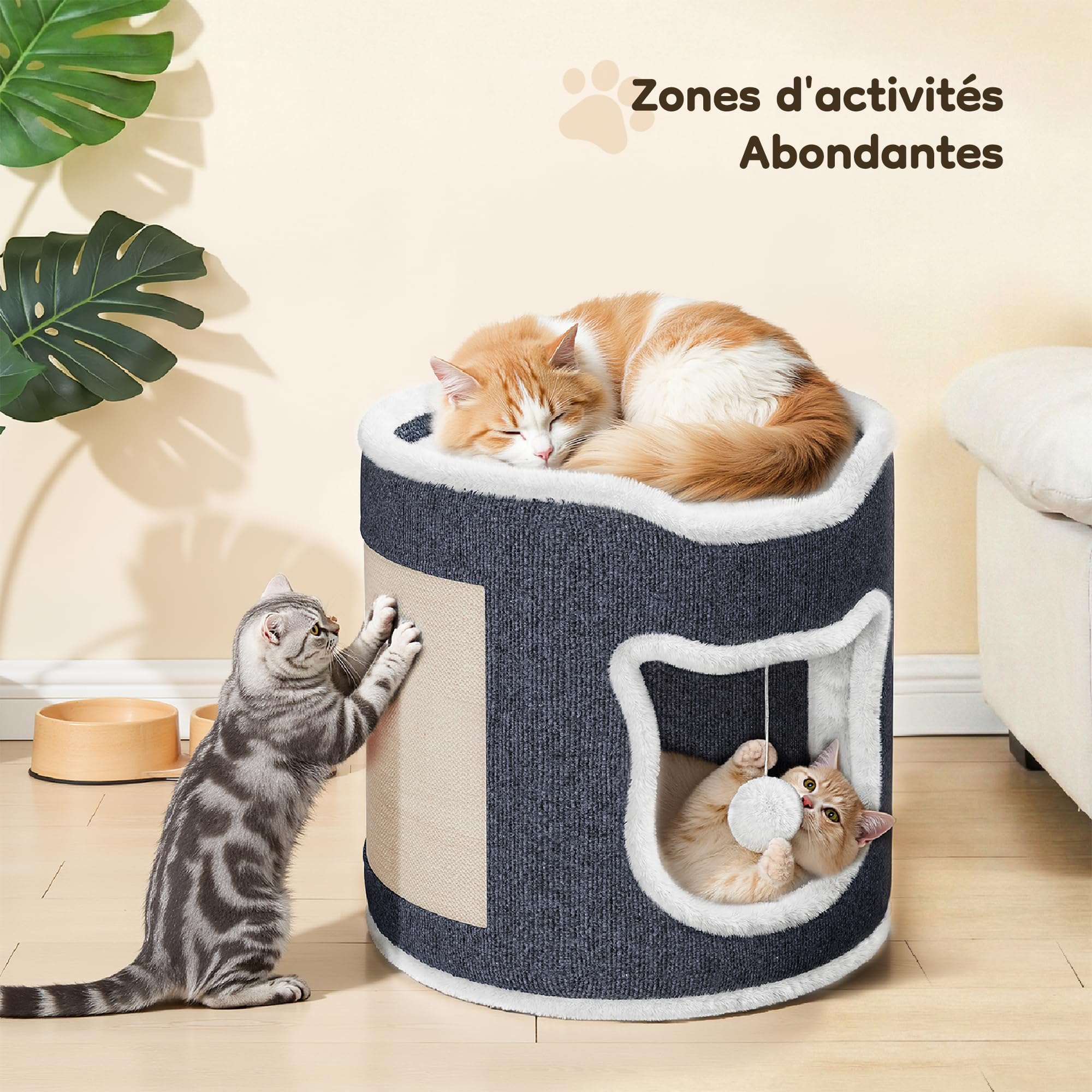 Maison pour Grand Chat, capacité Charge 30 kg, lit Confortable avec griffoir et Balle Jeu, Forme cylindrique, Convient aux Chats Taille Moyenne à Grande, Gris, Couche