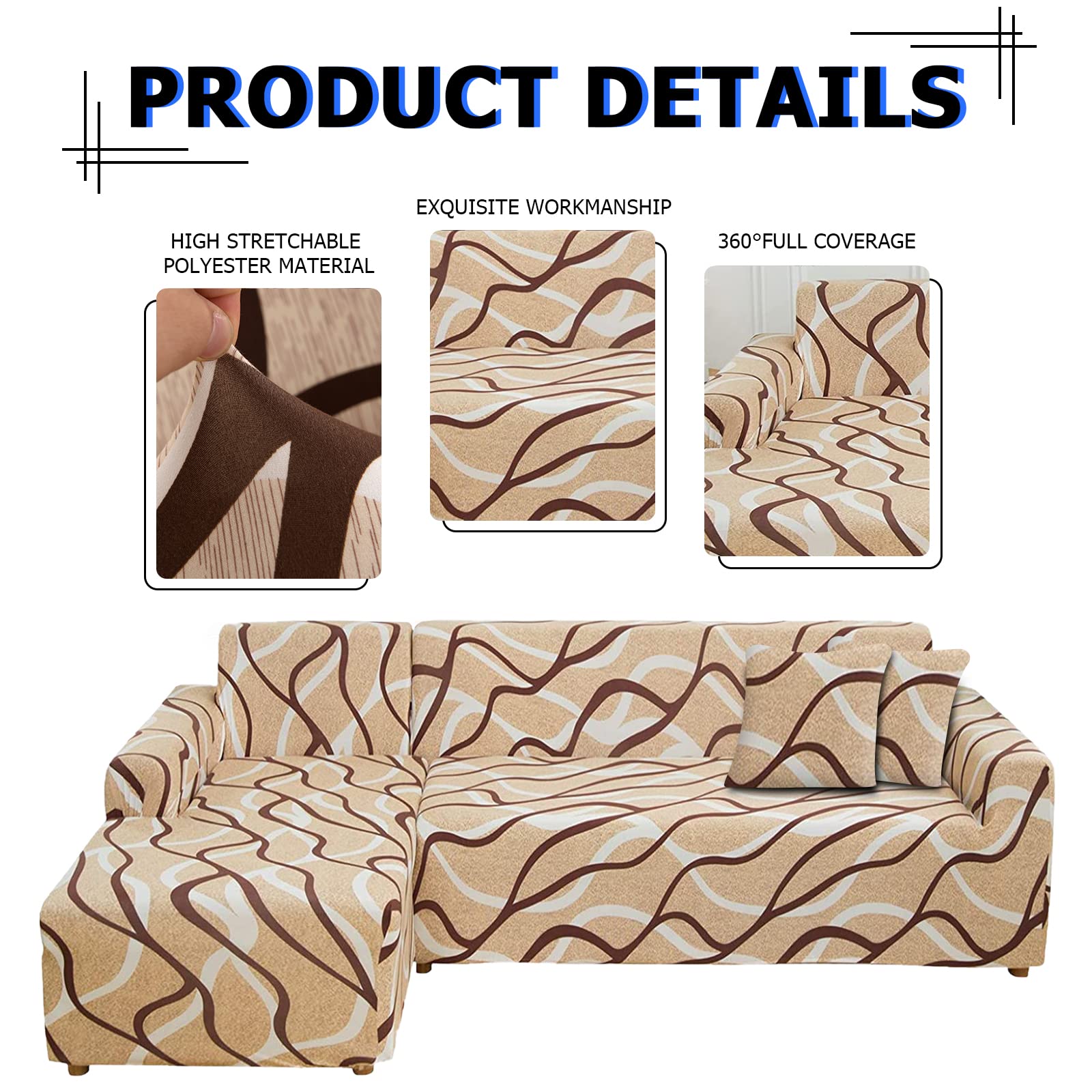 Lydevo Copridivano con Penisola Elasticizzato,Copridivano Angolare a Sinistra/Destra Universale con 2 Federi,Fodere Divano Penisola Forma di L,Chaise Longue Sofa Cover(2 Posto+2 Posti,Linee di Caffè)