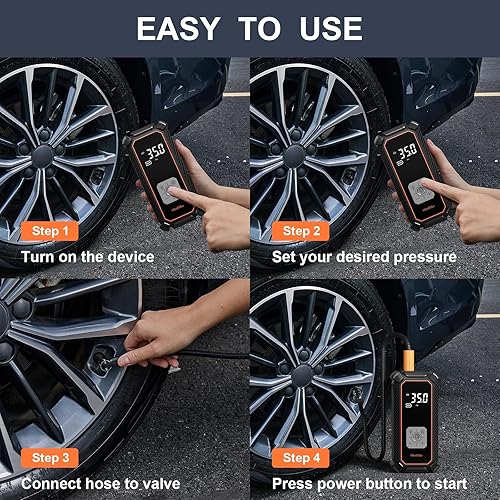 Miniatura 9 de OlarHike Inflador de neumáticos, compresor de aire portátil, alimentado por batería de 9000 mAh, modo dual de 150 PSI, bomba de aire automática para