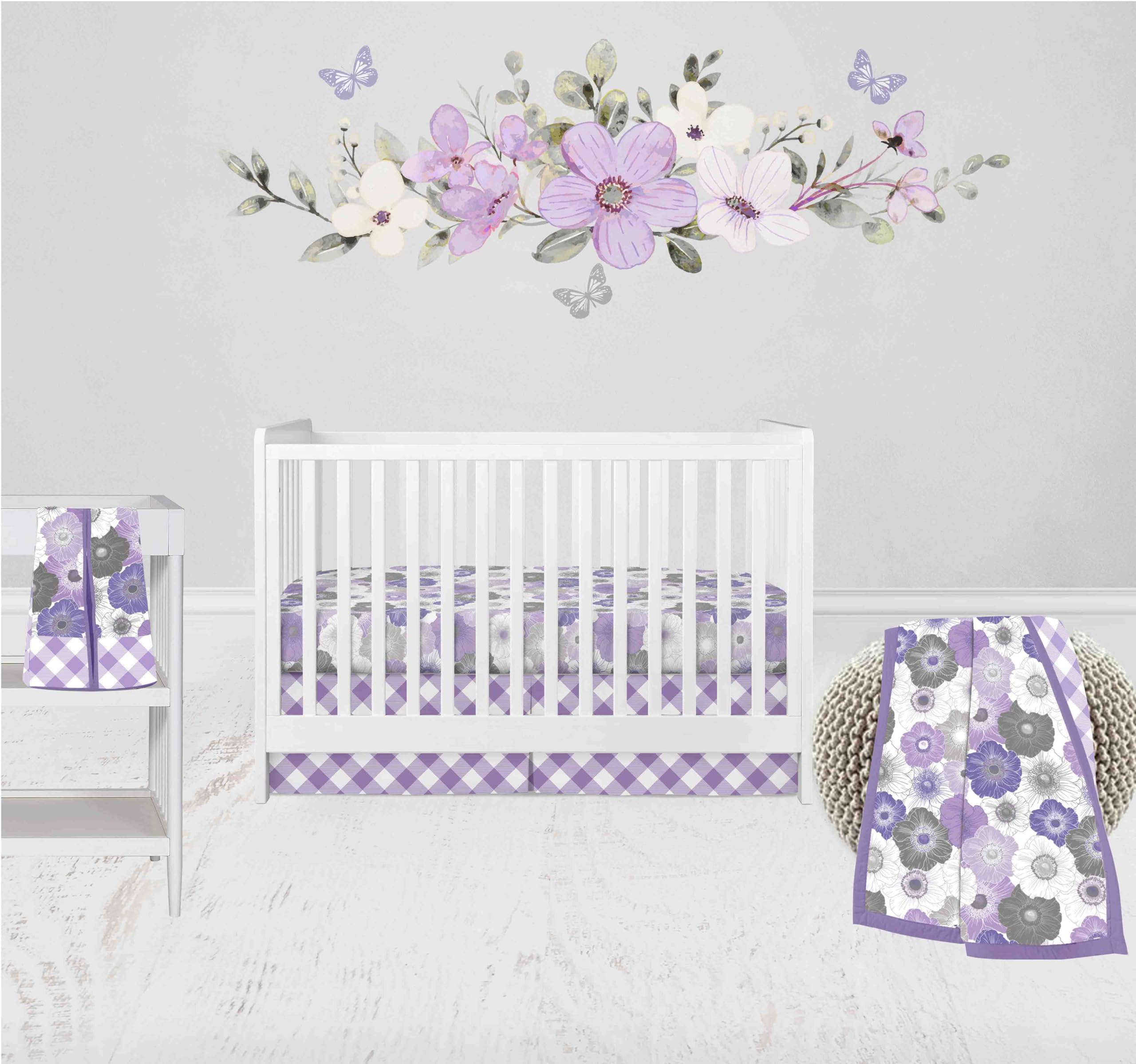 Bacati - Watercolor Flowers 4-Piece Crib Bedding Set with Diaper Stacker - Purple/Gray Girls