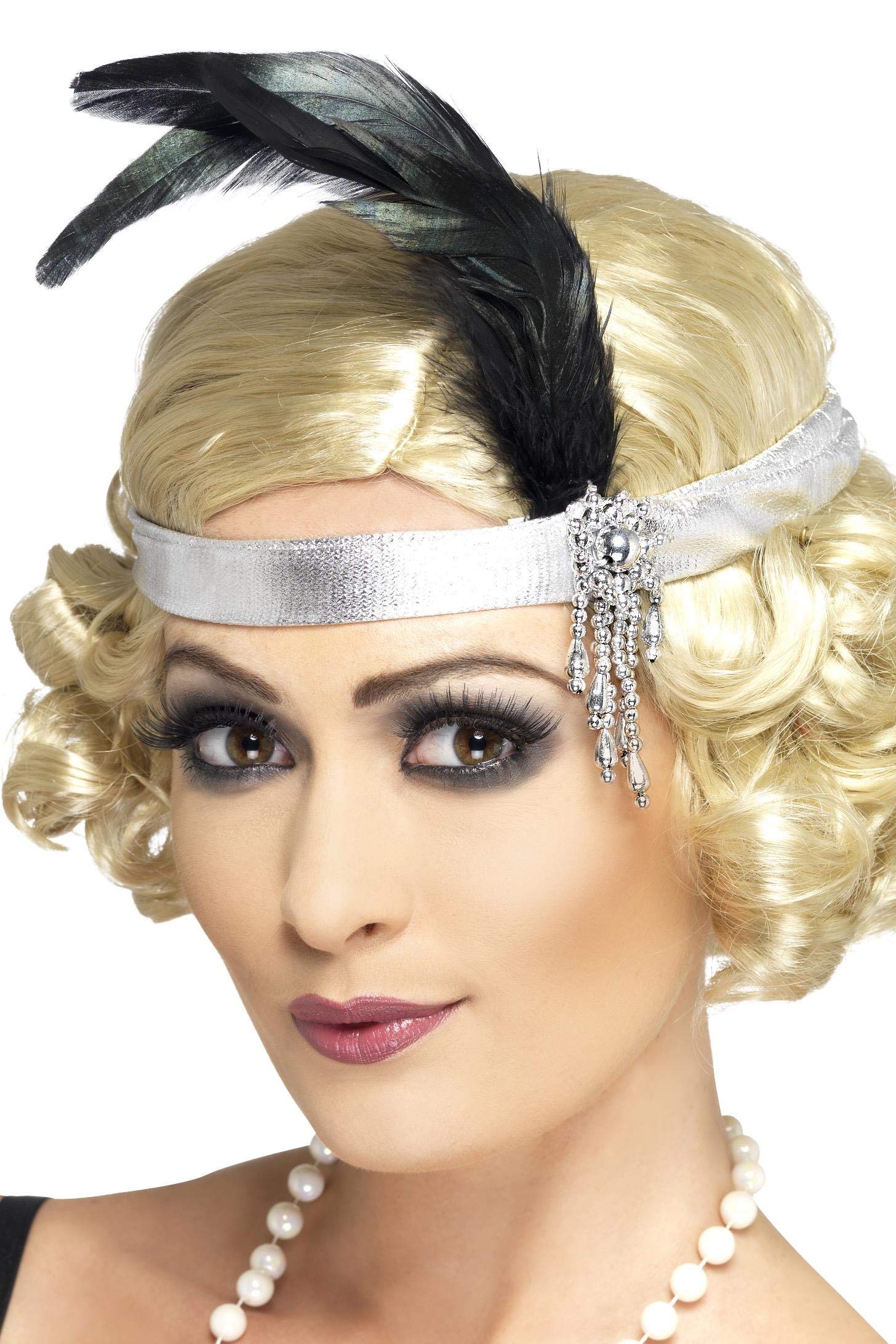 Smiffys Satin Charleston Headband with Feather and Jewel - Silver/Black, One Size