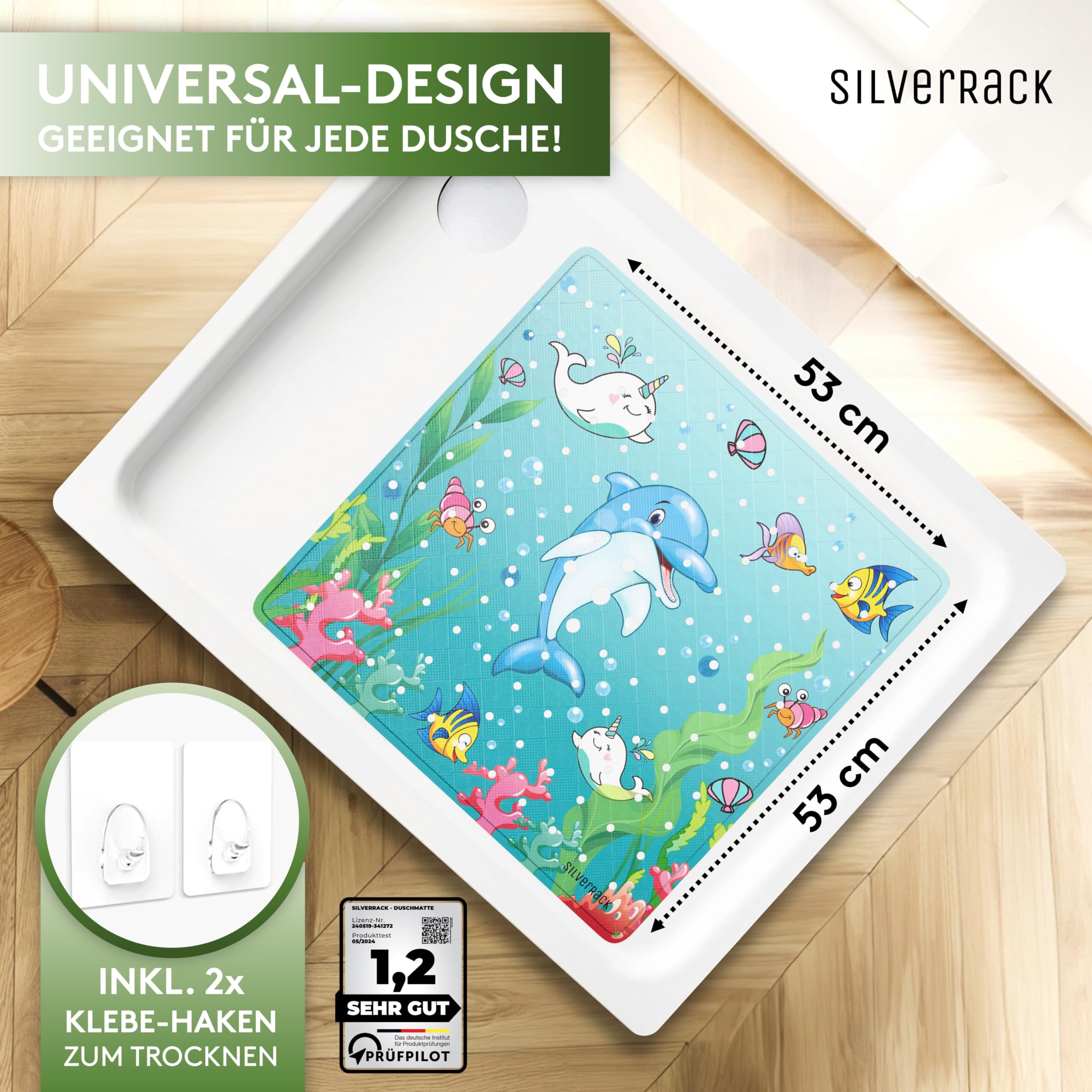SilverRack Antypoślizgowa mata prysznicowa dla dzieci, 53 x 53 cm (motyw delfina) – mata antypoślizgowa pod prysznic bez BPA dla dzieci – mata łazienkowa, antypoślizgowa, nadaje się do prania w pralce