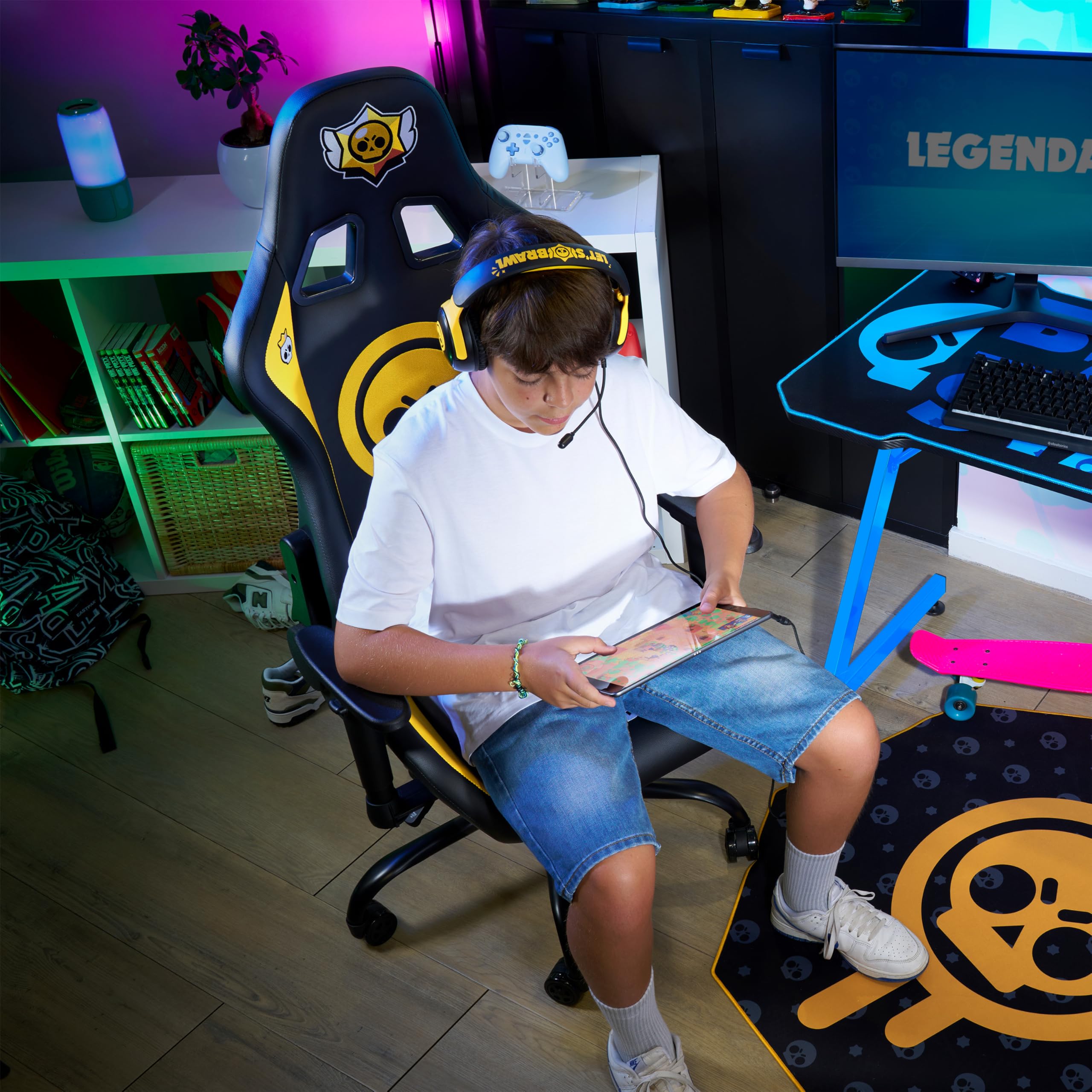 SUBSONIC Sedia Gaming Brawl Stars, Ergonomica da Ufficio, Nero, Similpelle, Braccioli 3D Regolabili, Altezza 46-56cm, Supporto Lombare, Carico Massimo 110kg