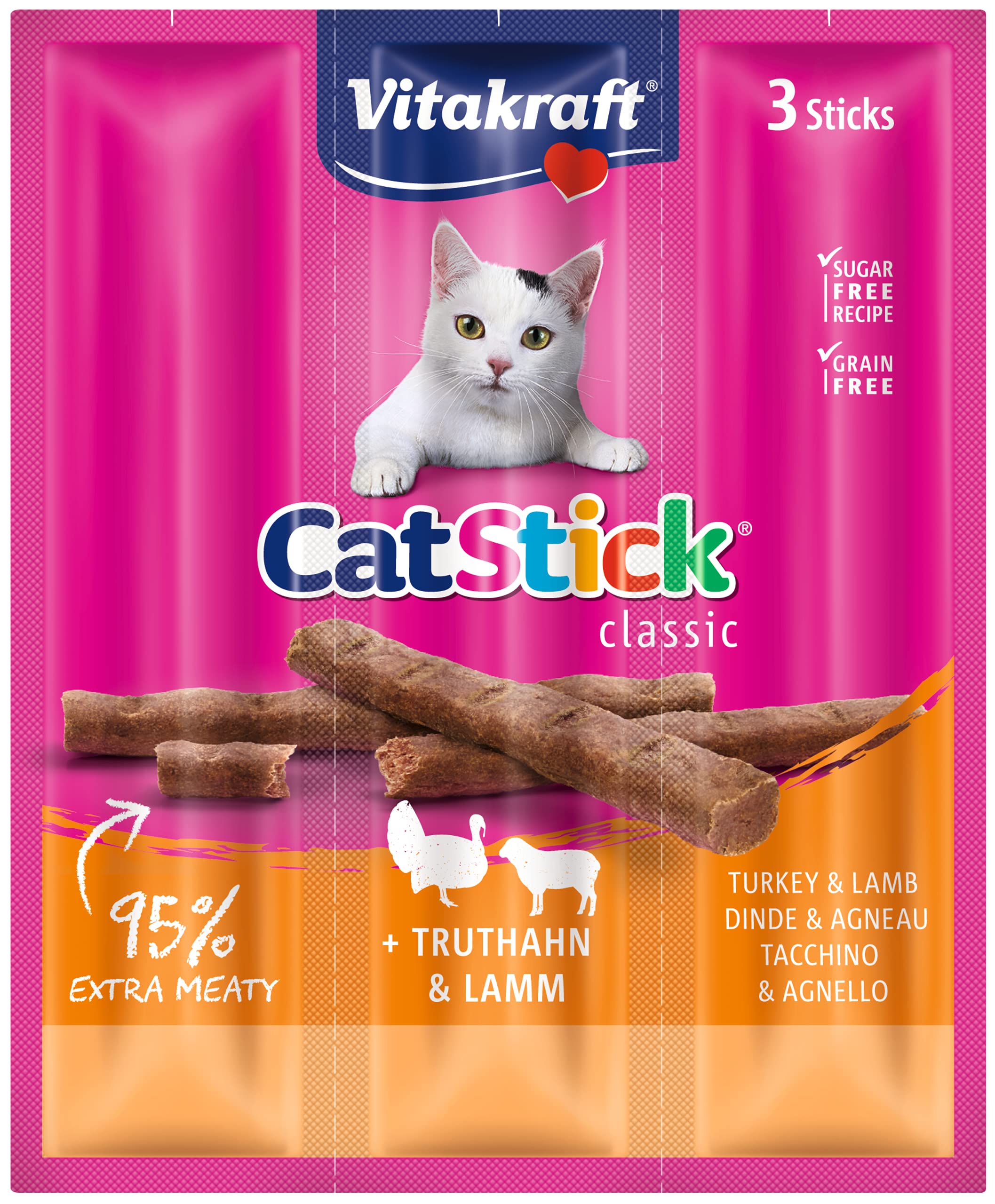 Vitakraft Cat Stick Mini - Friandise pour Chat à la Dinde et à l'Agneau - Lot de 20 sachets de 3 Sticks