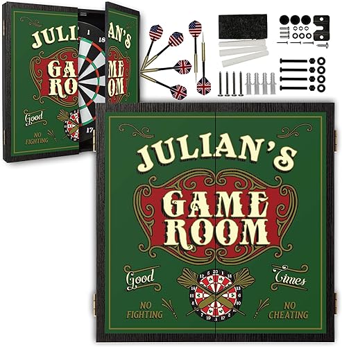 Miniatura 26 de Juego de gabinete de tablero de dardos personalizado con 6 dardos de punta de acero, tablero de dardos de papel, tiza y borrador