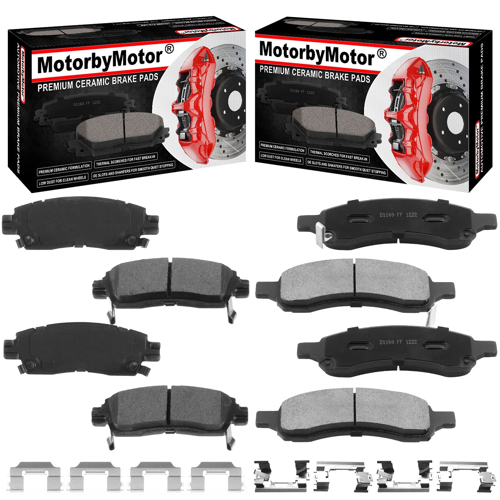 MotorbyMotor D1169 D883 Front Rear Ceramic Brake Pads w/Hardware Fits for 08-17 Buick Enclave, 09-17 Chevrolet Traverse, 07-16 GMC Acadia, 07-10 Saturn Outlook Low Dust Brake Pad (Alll Models