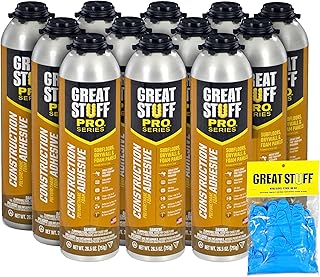 GREAT STUFF PRO Construction Adhesive for Wall & Floor 26.5oz, Polyurethane Foam Adhesive for Subfloors, Drywall & Foam Panels. One Component, Off White, Pack of 12 with Great Stuff Gloves