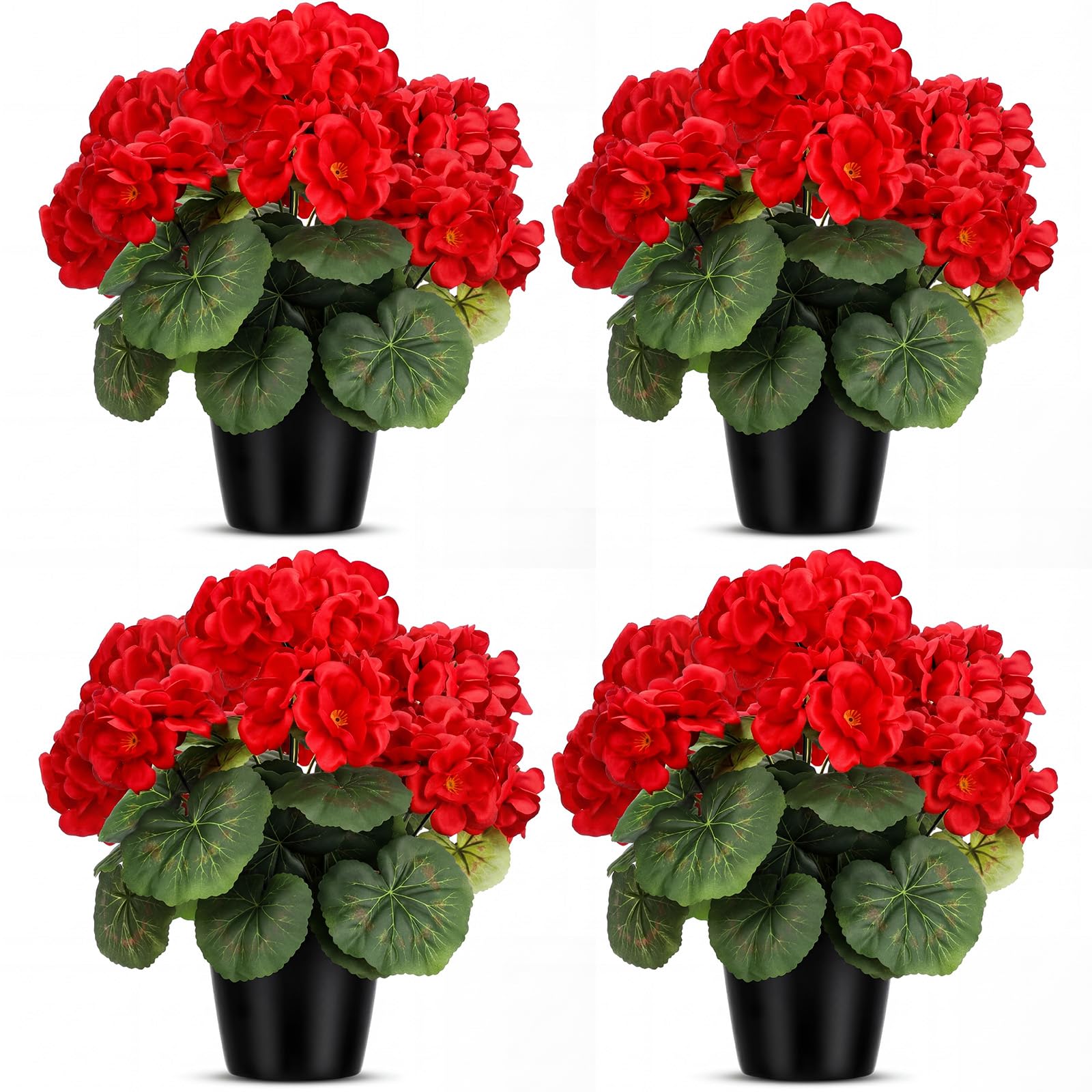 Photo 1 of Zeyune 4 Pack Artificial Geranium Flowers for Outdoors Silk Flower UV Resistant Fake Plants Realistic Faux Flowers Outside for Home Kitchen Garden Patio Table Centerpiece(Red)