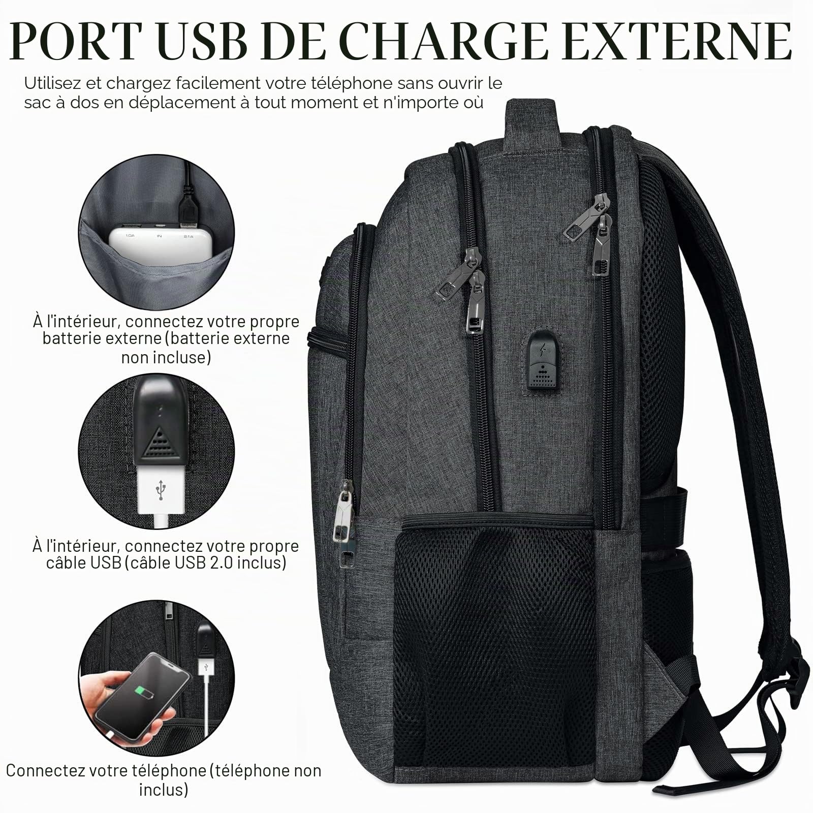 BIKROD Sac à dos pour homme, garçon, adolescent, grand sac étanche pour ordinateur portable de 17,3" avec port de charge USB, sac à dos pour le travail, les voyages, la randonnée avec poche antivol