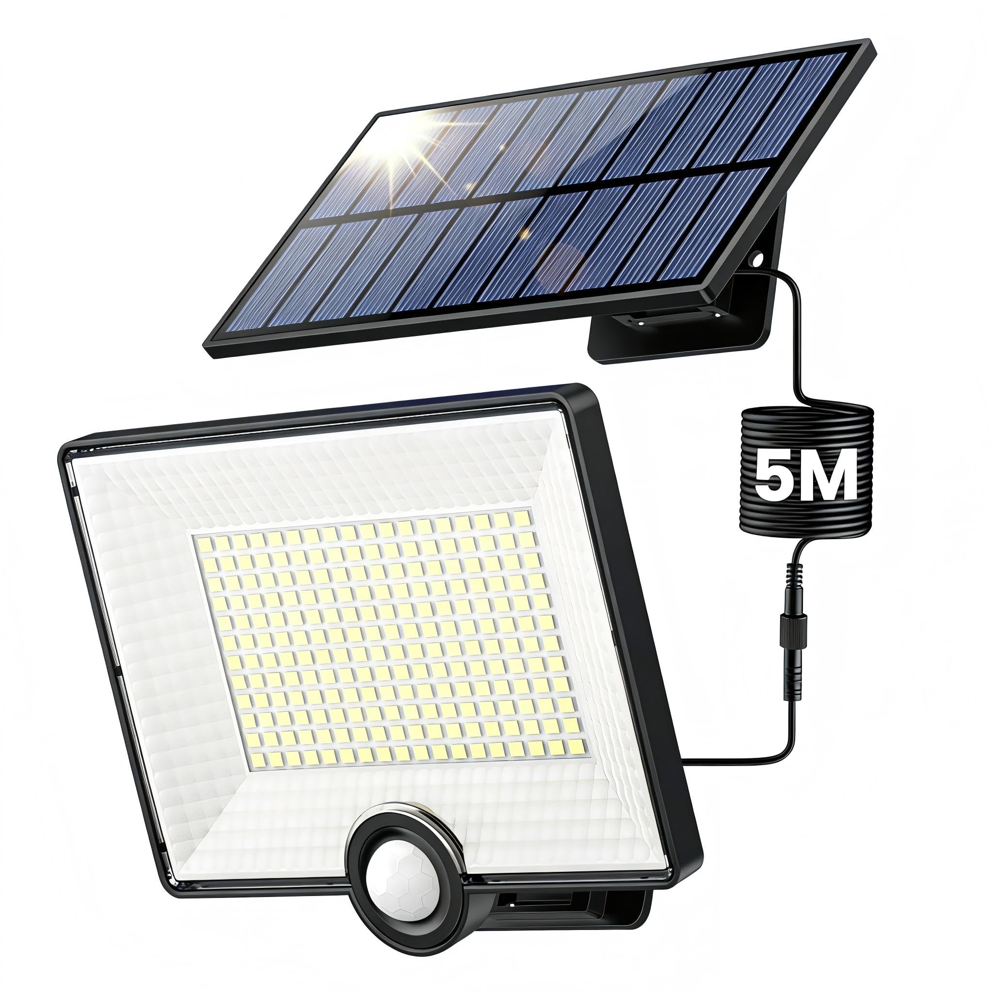 【2000LM Ultrabrillante】Luz Solar Exterior 204LED Focos LED Exterior Solares con Sensor de Movimiento, 3 Modes IP65 Impermeable Split Lampara Solar Exterior con Cable de 5M para Jardin Garaje Camino