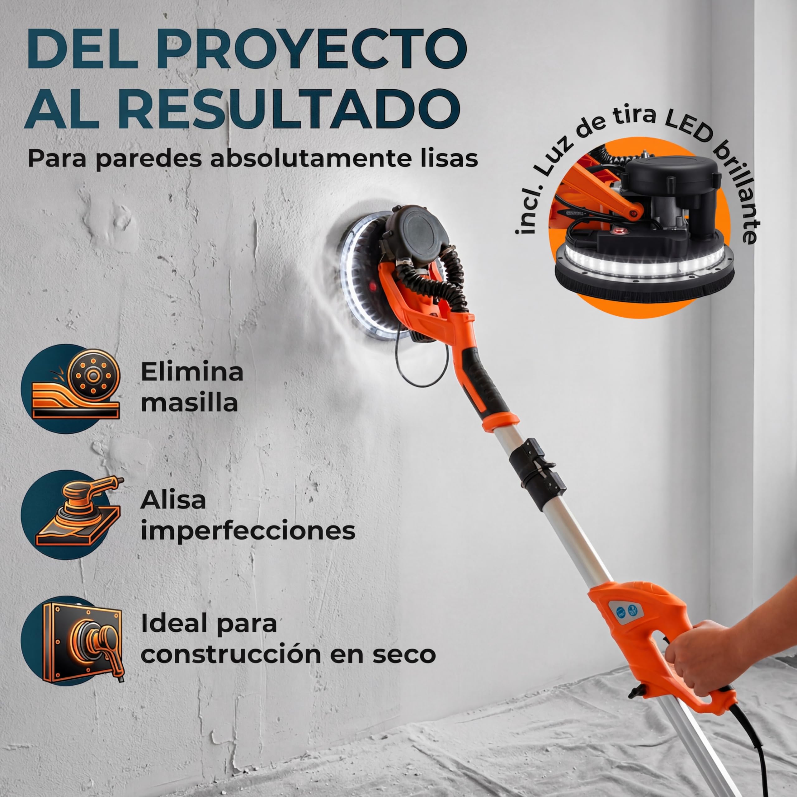MONZANA® Lijadora Jirafa Eléctrica con Aspirador 750W Potente Luz LED Pulidora Plegable Pared Techo Obra Seca Ø225mm Placas Yeso Portátil Bolsa Almacenamiento Velocidad 5 Niveles 12 Discos Lijadores