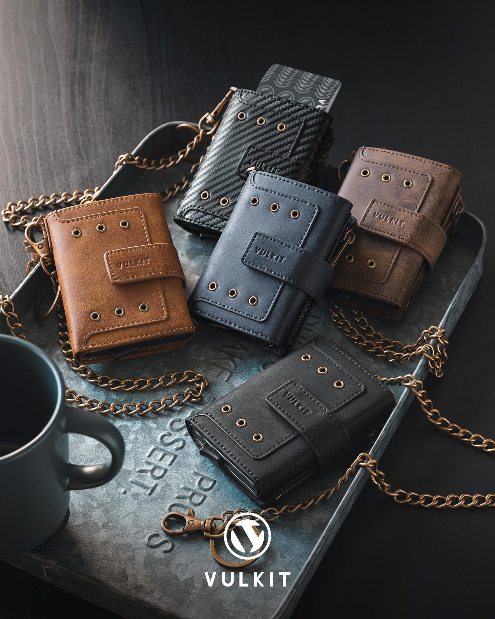 VULKIT Herren Geldbörse mit Kette, Münzfach, Pop-Up-Kreditkartenetui aus Aluminium RFID-geschützt, und Geldscheinefach, Kaffee