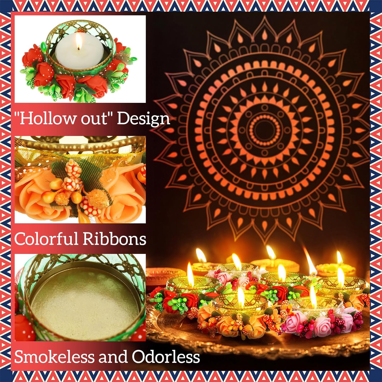 Conelist 12 Pcs Diwali Tea Light Candle Holder Metal Candle Diya Holder Pooja Diwali Diya Holder with 12 Garland and 12 Candles for Home Dining Table Centerpiece Office Decoration Indian Return Gifts