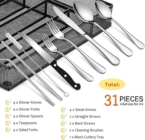 Miniatura 2 de E-far Juego de cubiertos de 31 piezas, cubiertos de acero inoxidable para 4 personas con organizador de cajones de utensilios de malla, incluye