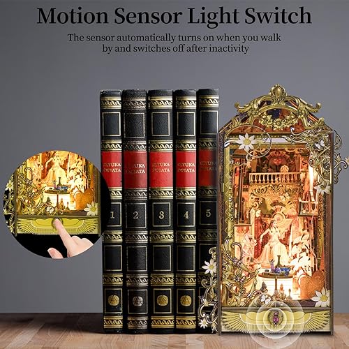 Miniatura 3 de BETOYOU Kit de rincón de libros, casa de muñecas DIY con sensor de luz LED, kit de casa en miniatura, rompecabezas de madera 3D, decoración para