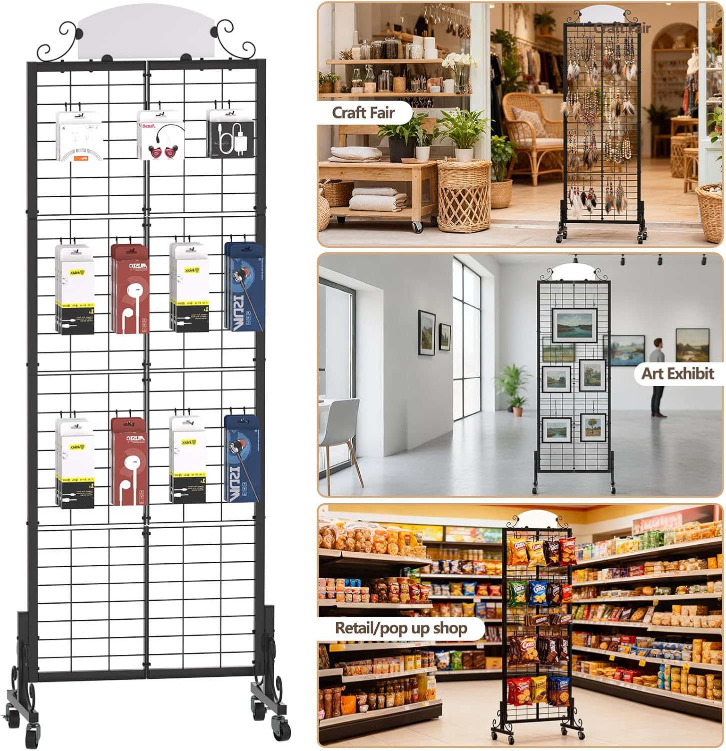 Urban Deco 3 Packs Grid Wall Panel Display Stand, 2.2' x 6.2' FT Gridwall Panel with Extra 24 Hooks, Craft Show Display Rack Black Metal Grids Standing Wire Rack for Retail Merchandise
