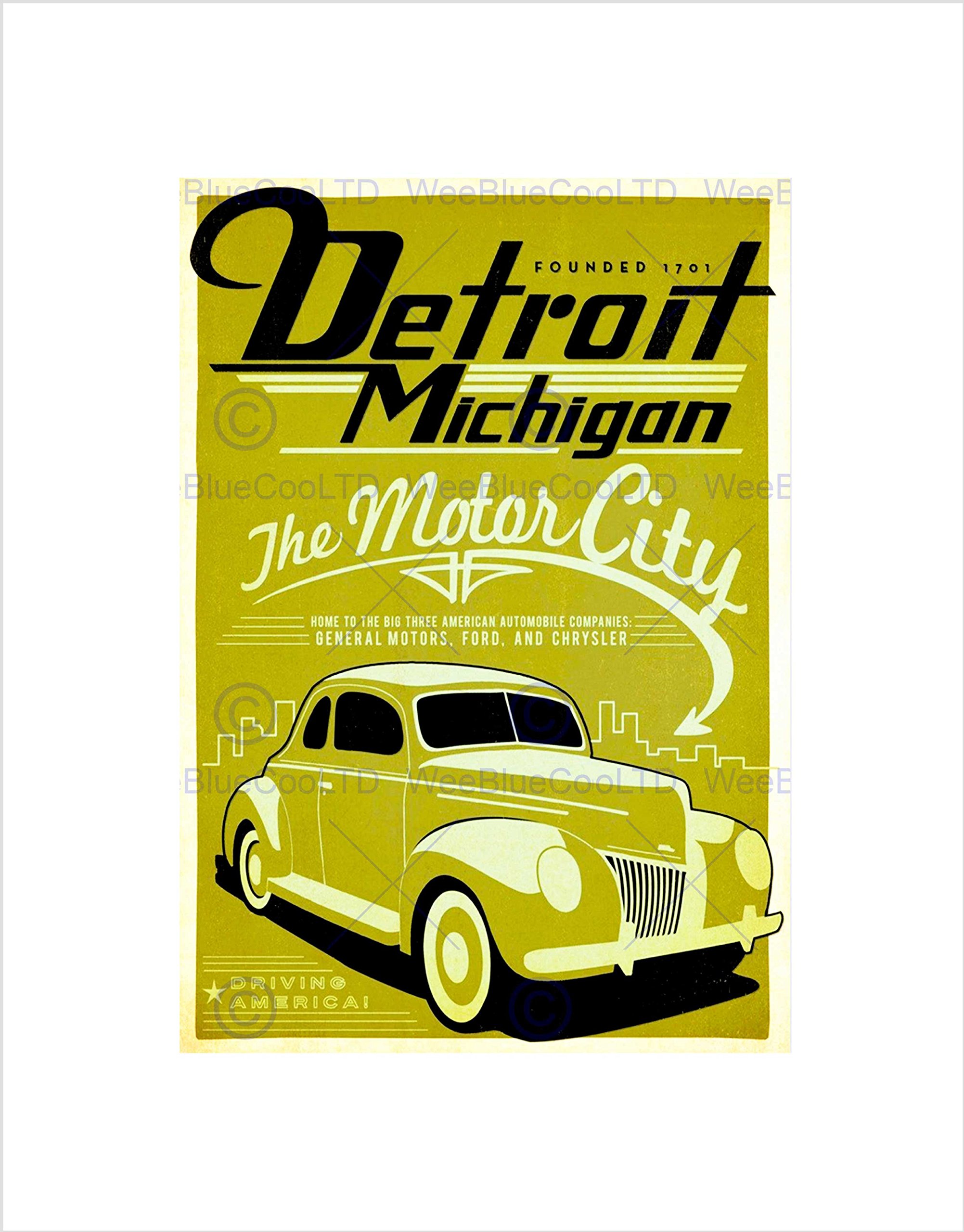 Wee Blue Coo Travel Promotional Detroit Motor City Automobile Wall Art Print