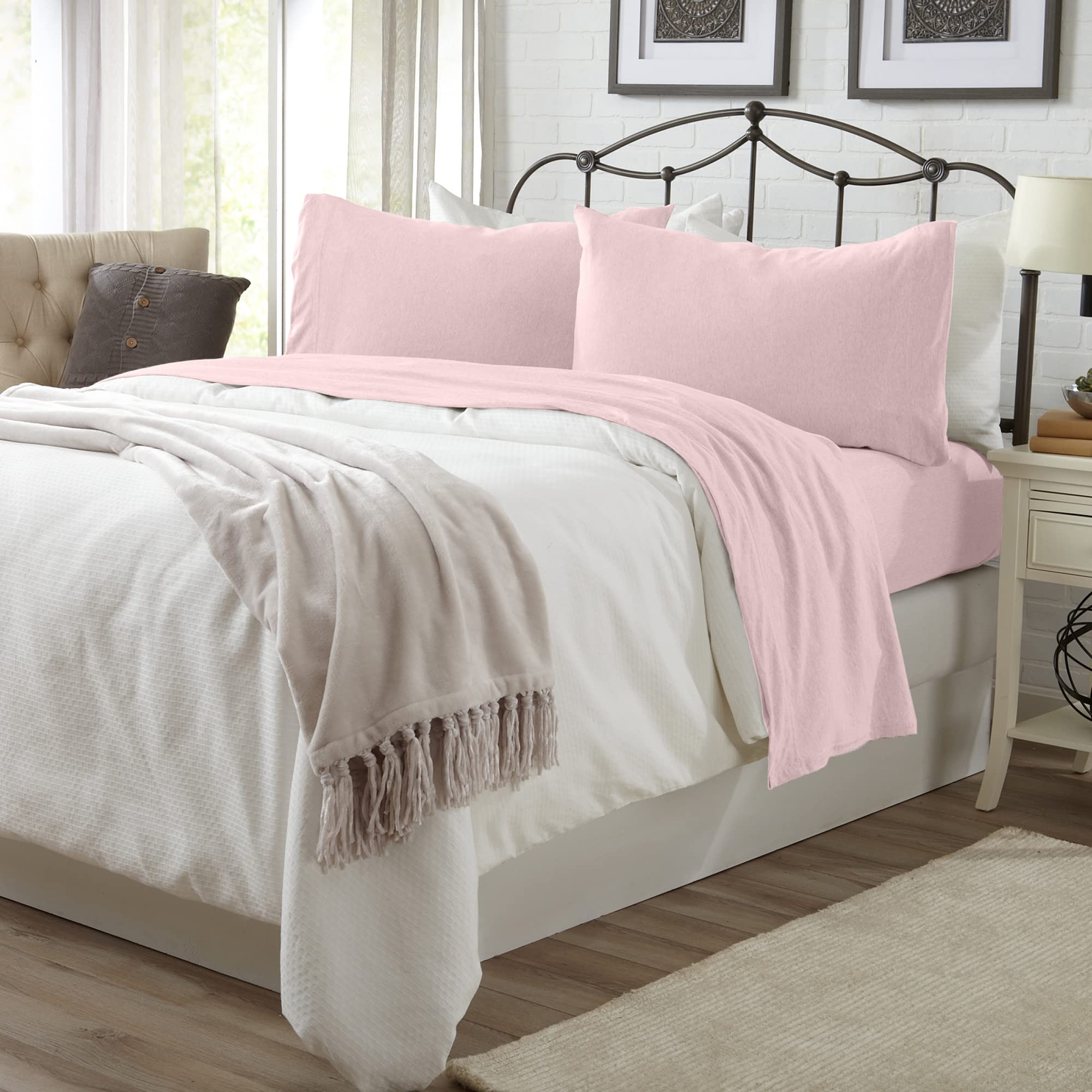 Great Bay Home Extra Soft Jersey Knit T-Shirt Queen Cotton Sheet Set | Breathable, Comfortable, and Cozy 4 Pc Pink Sheets Set | All-Season Jersey Knit Sheets