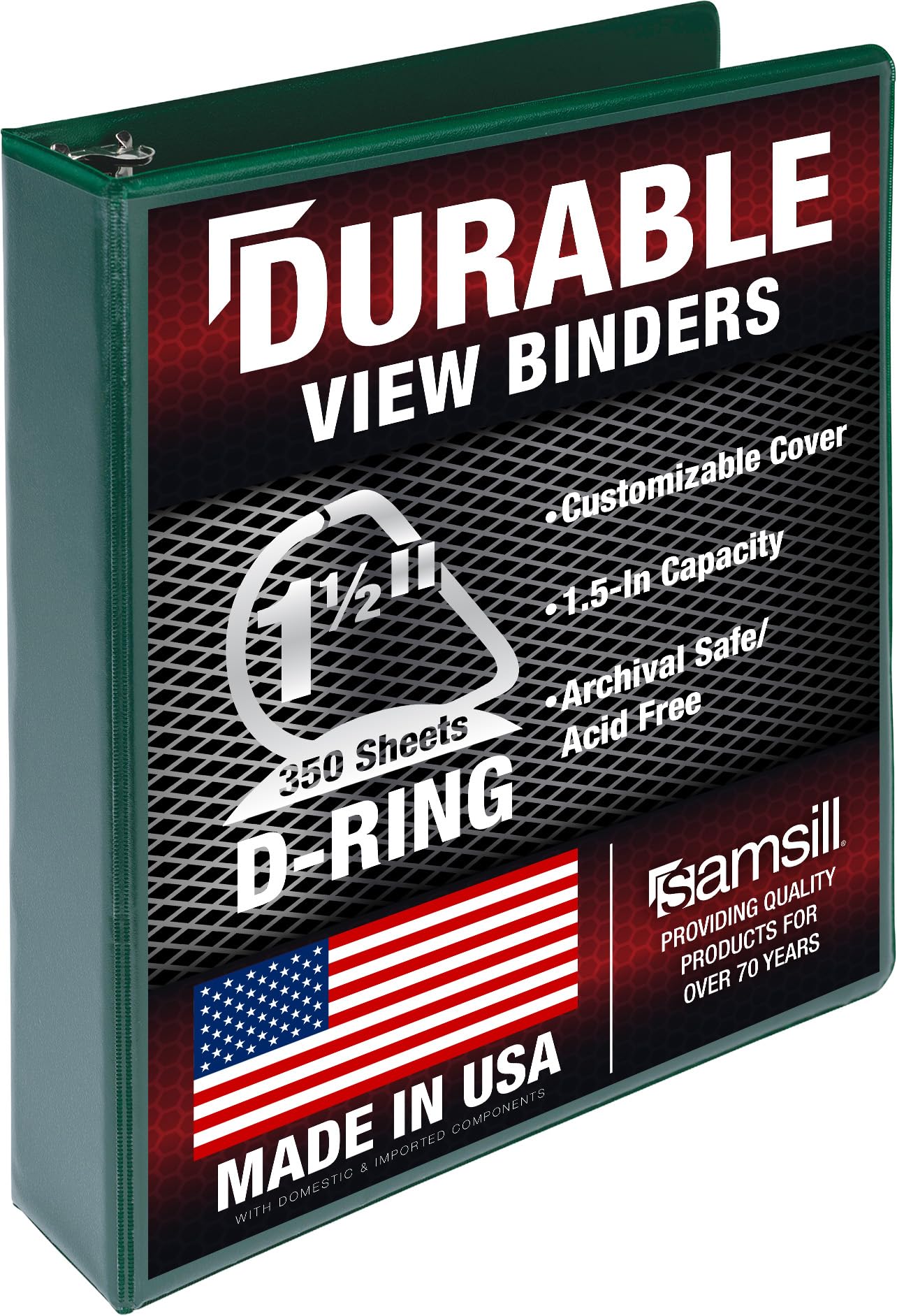 Samsill Durable 1.5 Inch Binder, D Ring Binder, Customizable Clear View Cover, Green, Holds 350 Pages