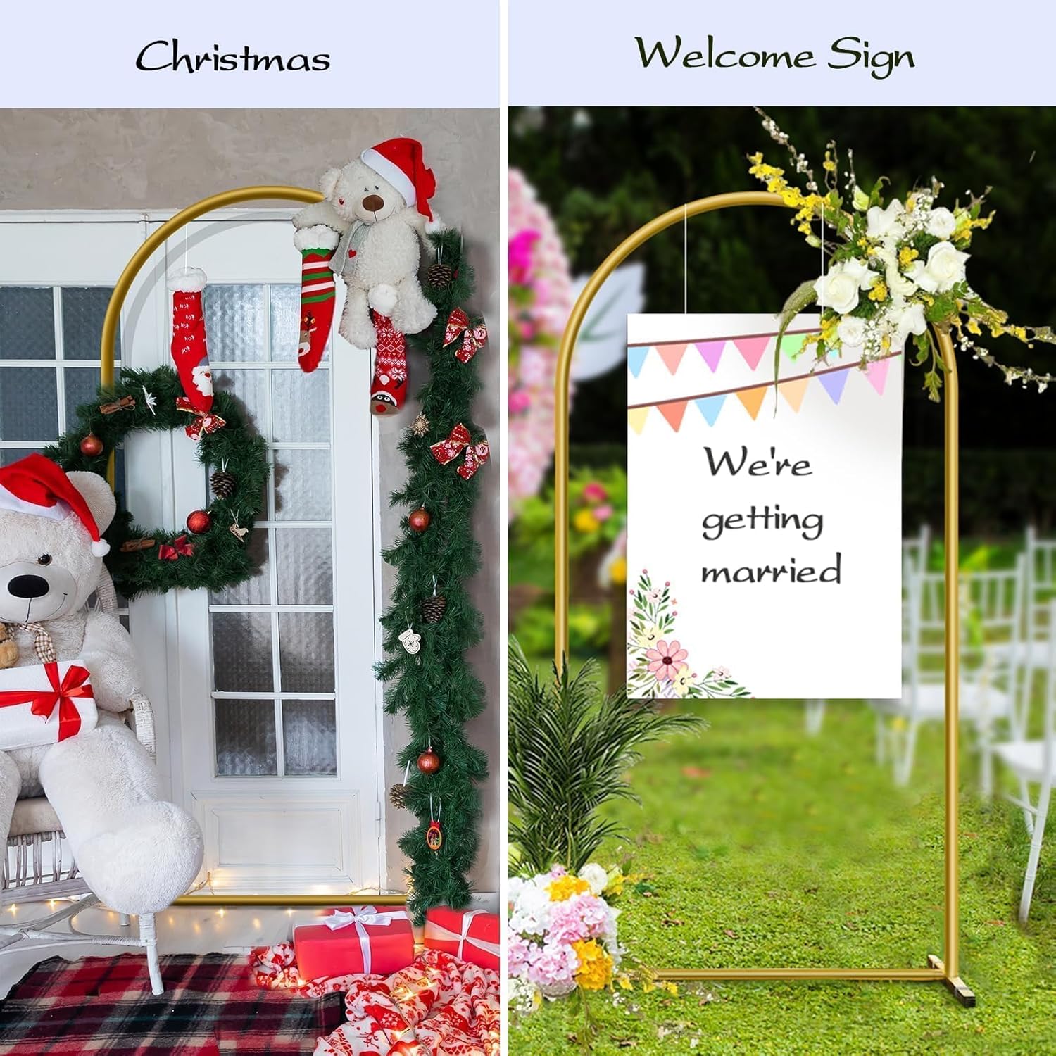 7.2 ft Arch Backdrop Stand, Metal Balloon Arch Stand, Stable Wedding Arched Frame with Square Base Ground Nails, Background Arches for Birthday Party Baby Shower Garland Decoration, Gold