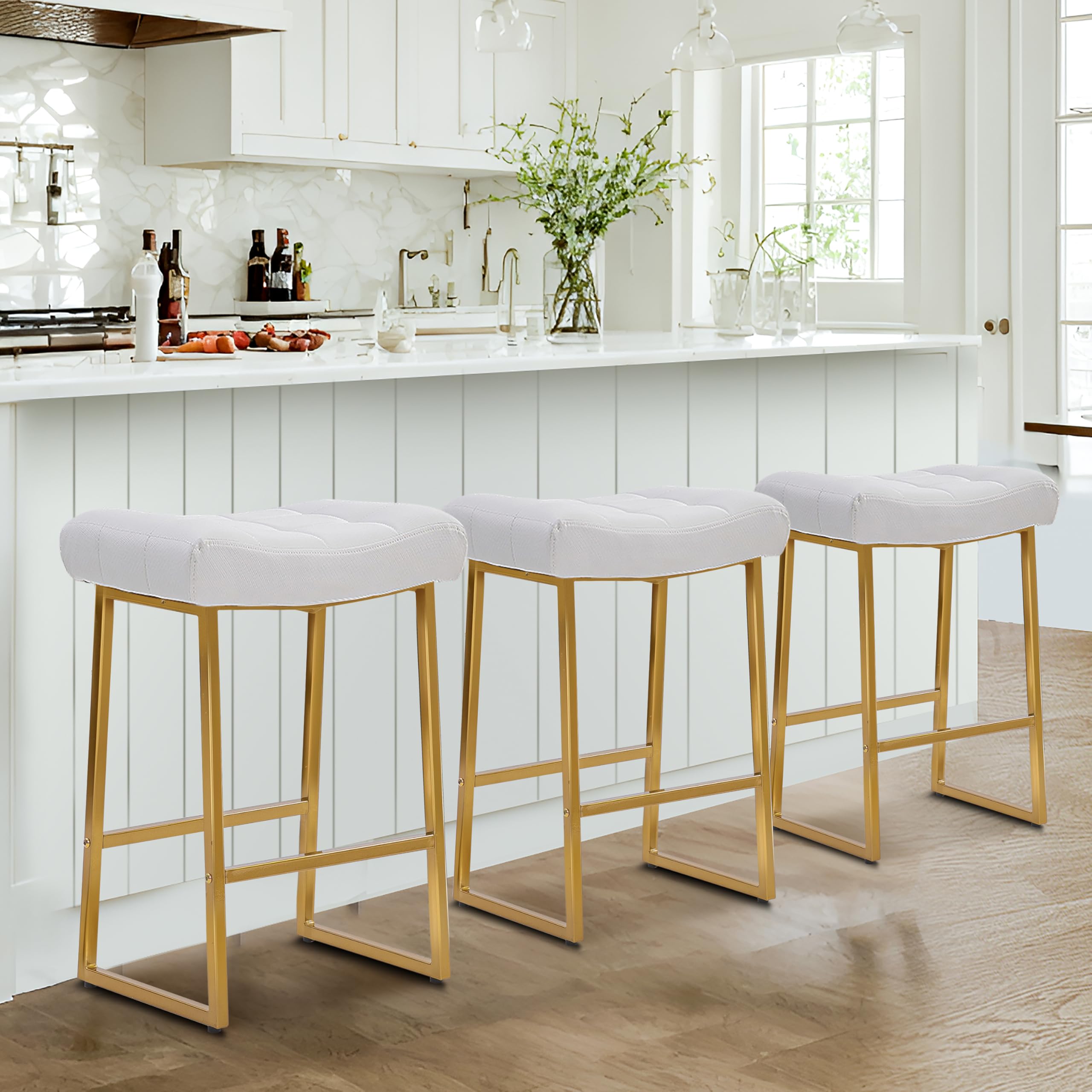 RNKSFX White & Gold Counter Height Bar Stools Set of 3 for Kitchen Counter Backless Kitchen Island Barstools with Upholstered Faux Leather Seat and