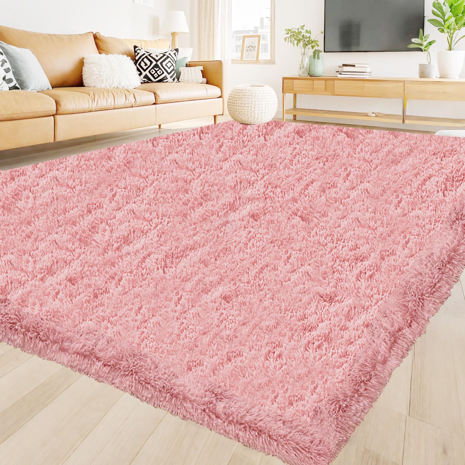 OuTanTe Hochflor Teppich 160x230cm, Rosa Shaggy Teppiche für Wohnzimmer, Flauschiger Kuschelteppich rutschfest, Moderner High-Pile Teppiche, Extra großer Teppich für Schlafzimmer & Kinderzimmer