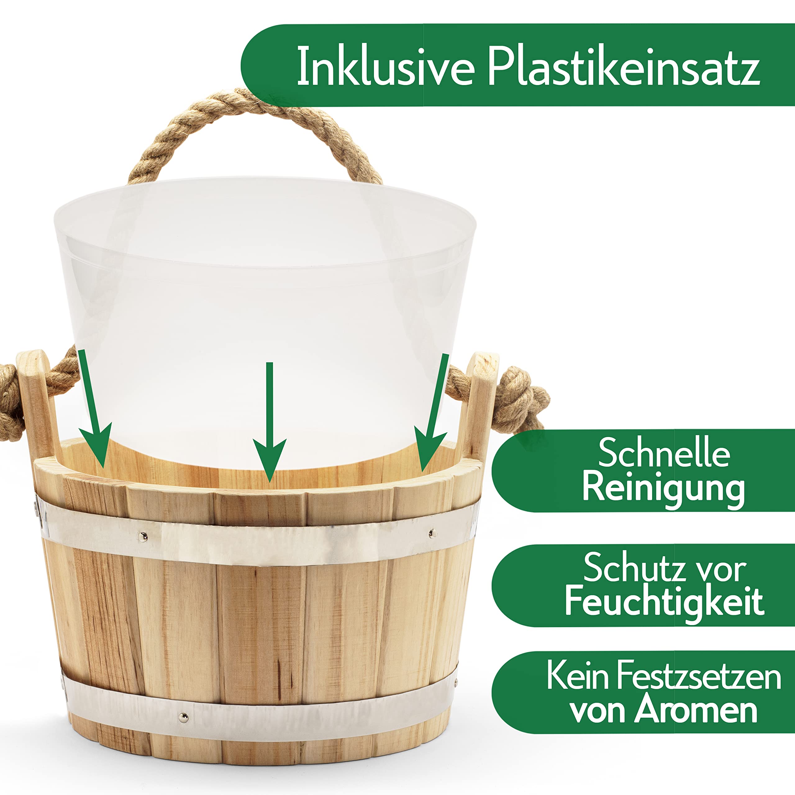 CozyNature cubo de sauna con cucharón de madera de pino finlandés | anillos metálicos nobles - inserto de plástico | incl. cucharón | 100% hecho a mano - diseño tradicional | 4 litros