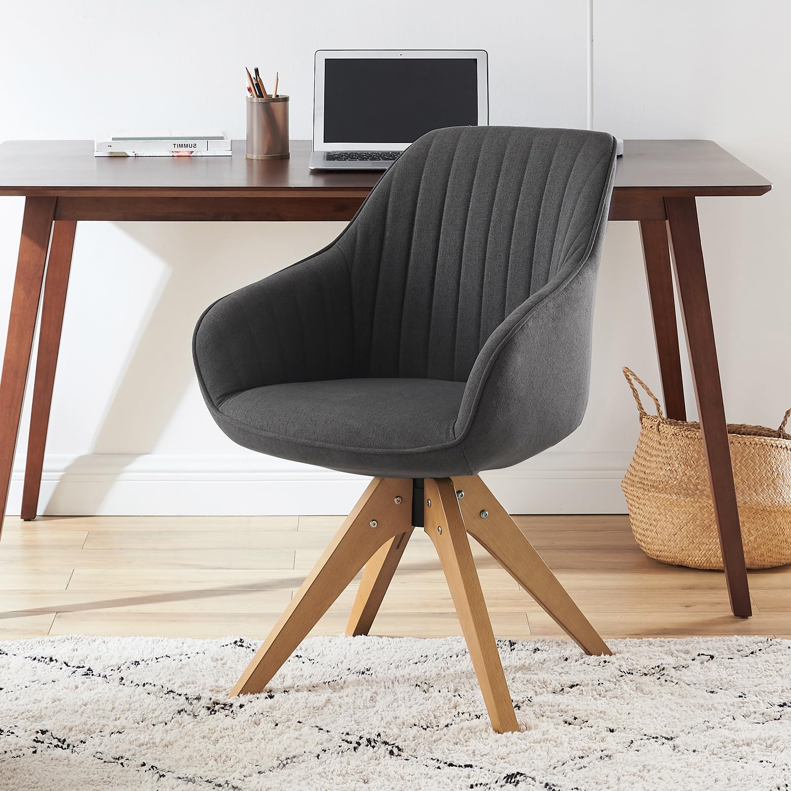 Zouron Swivel Desk Chair Velvet Darkgrey - Mid Century Modern Accent Chair Diningchair with Beech Wood Natural Brown Legs for Office