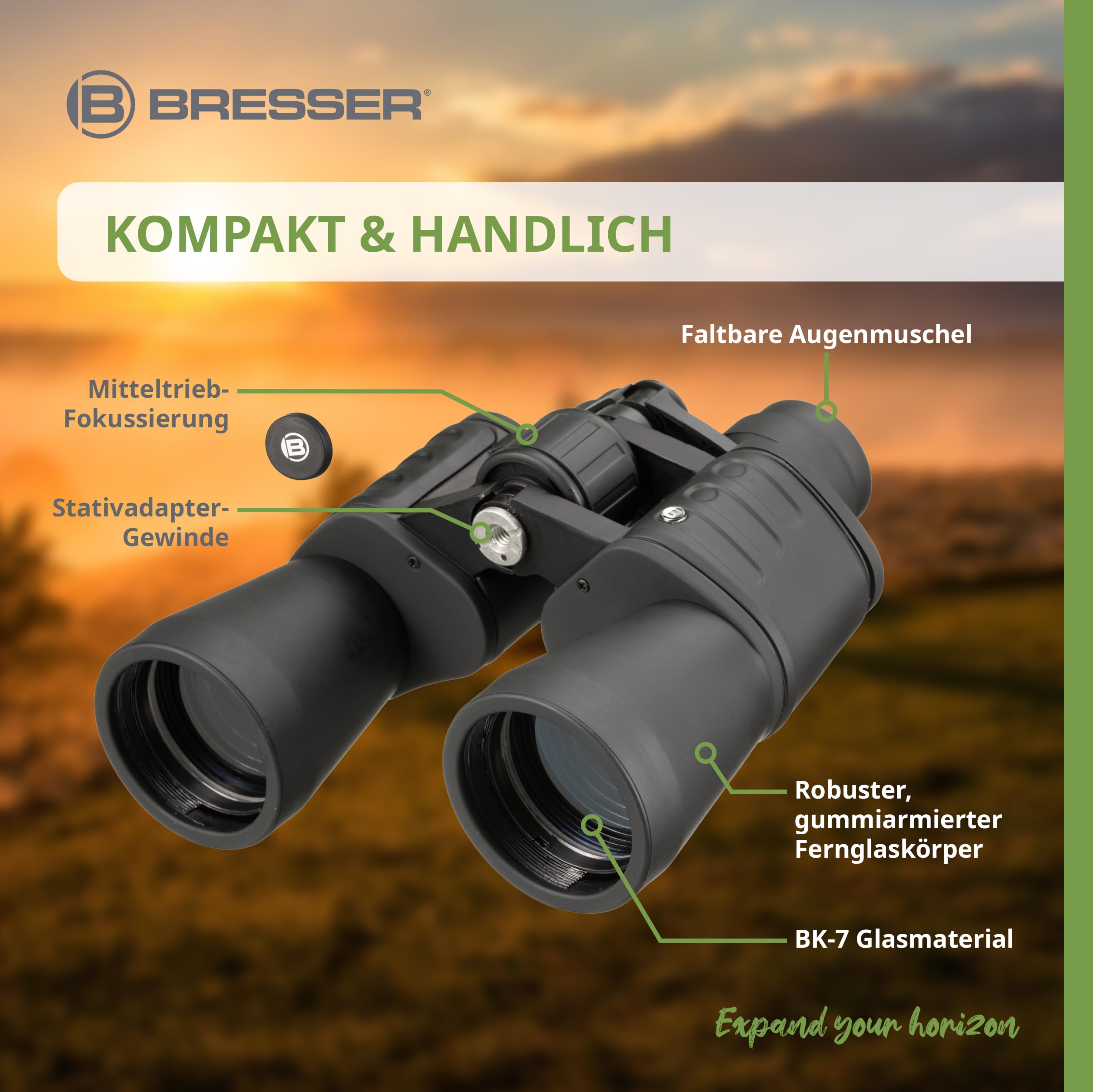 Bresser Fernglas Hunter 10x50 kompaktes Porro Fernglas, klein, leicht und ideal für Reisen, mit Mehrschichtvergütung und Dioptrienausgleich
