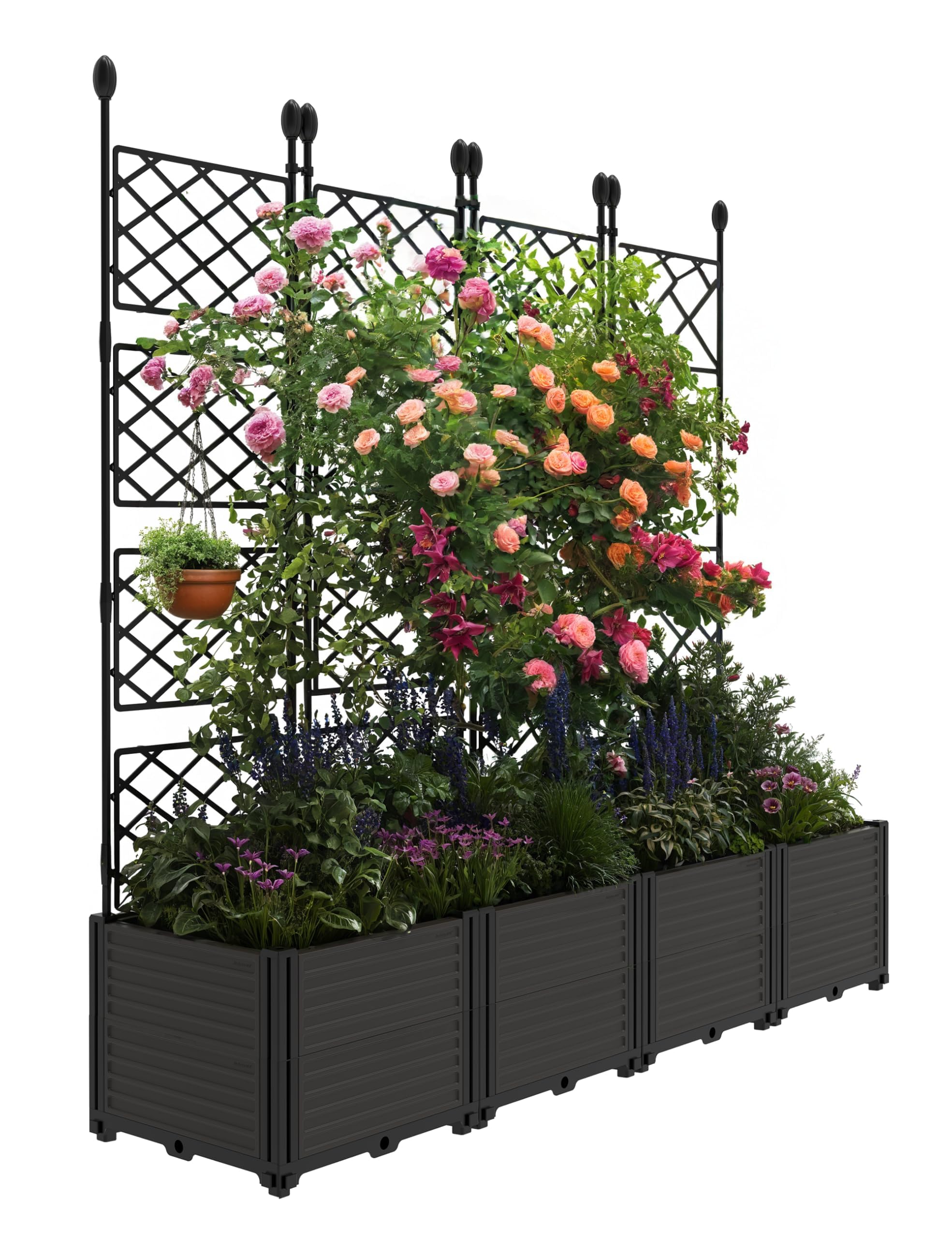 Garvee Cama de Jardín Elevada con Enrejado,4 Módulos,Jardinera Modular de Plástico Resistente,Macetero Profundo para Plantas Trepadoras, Pantalla de Privacidad para Terraza Balcón y Patio,166x41x160cm