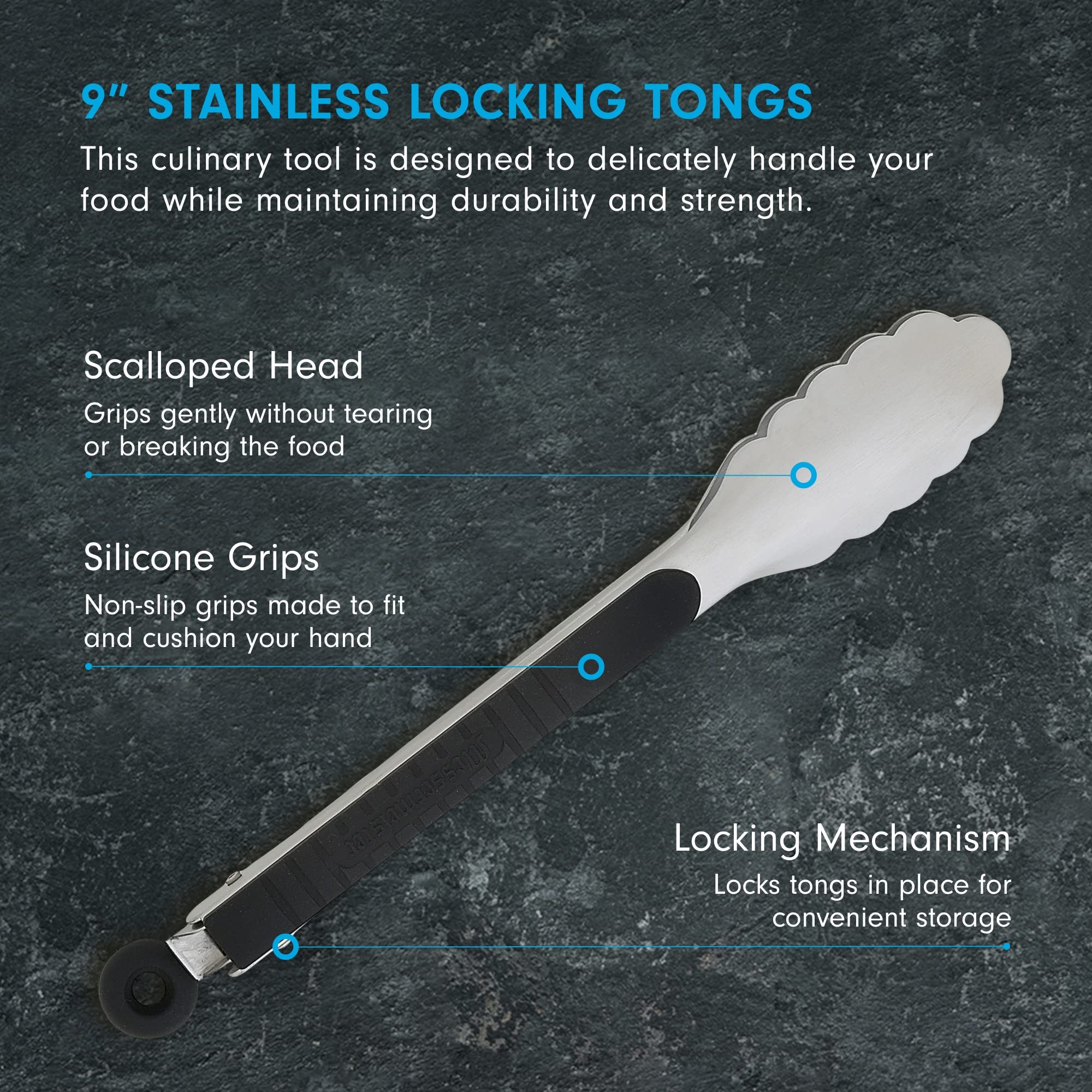 Messermeister Stainless Locking Tongs, 9” - Gently Grips Food - Durable Stainless Steel & Non-Slip, Silicone Grip - Dishwasher Safe