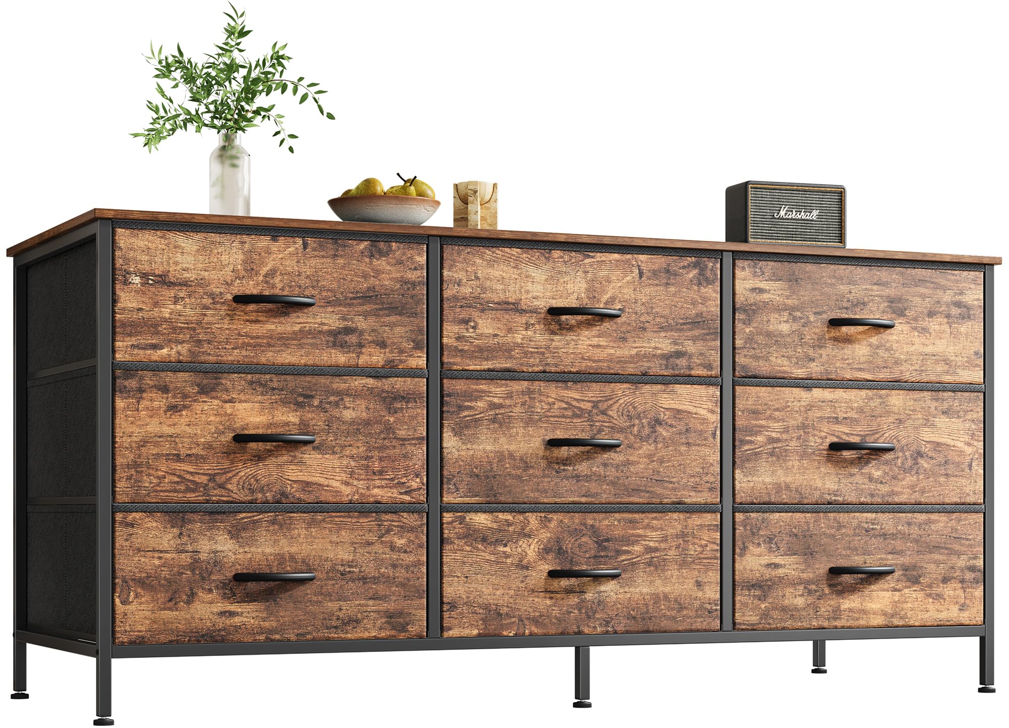 huuger 9 drawer dresser, 47 inch dresser tv stand for 50, 55 inch tv, entertainment center with drawers, fabric dresser chest of drawer for bedroom, closet, rustic brown