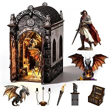 DIY Book Nook Kit, 3D Wooden Puzzle for Adults, Miniature House Kit with Touch LED Light, Gothic Bookshelf Insert Decor, Creative Hobby Gift for Fantasy Lovers Dragons Treasure Labyrinth