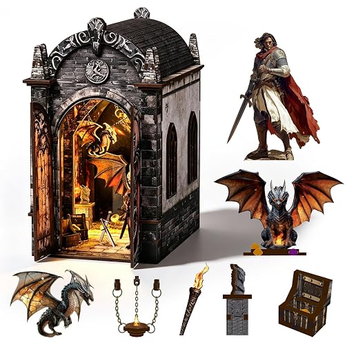 DIY Book Nook Kit, 3D Wooden Puzzle for Adults, Miniature House Kit with Touch LED Light, Gothic Bookshelf Insert Decor, Creative Hobby Gift for Fantasy Lovers (Dragons Treasure Labyrinth)