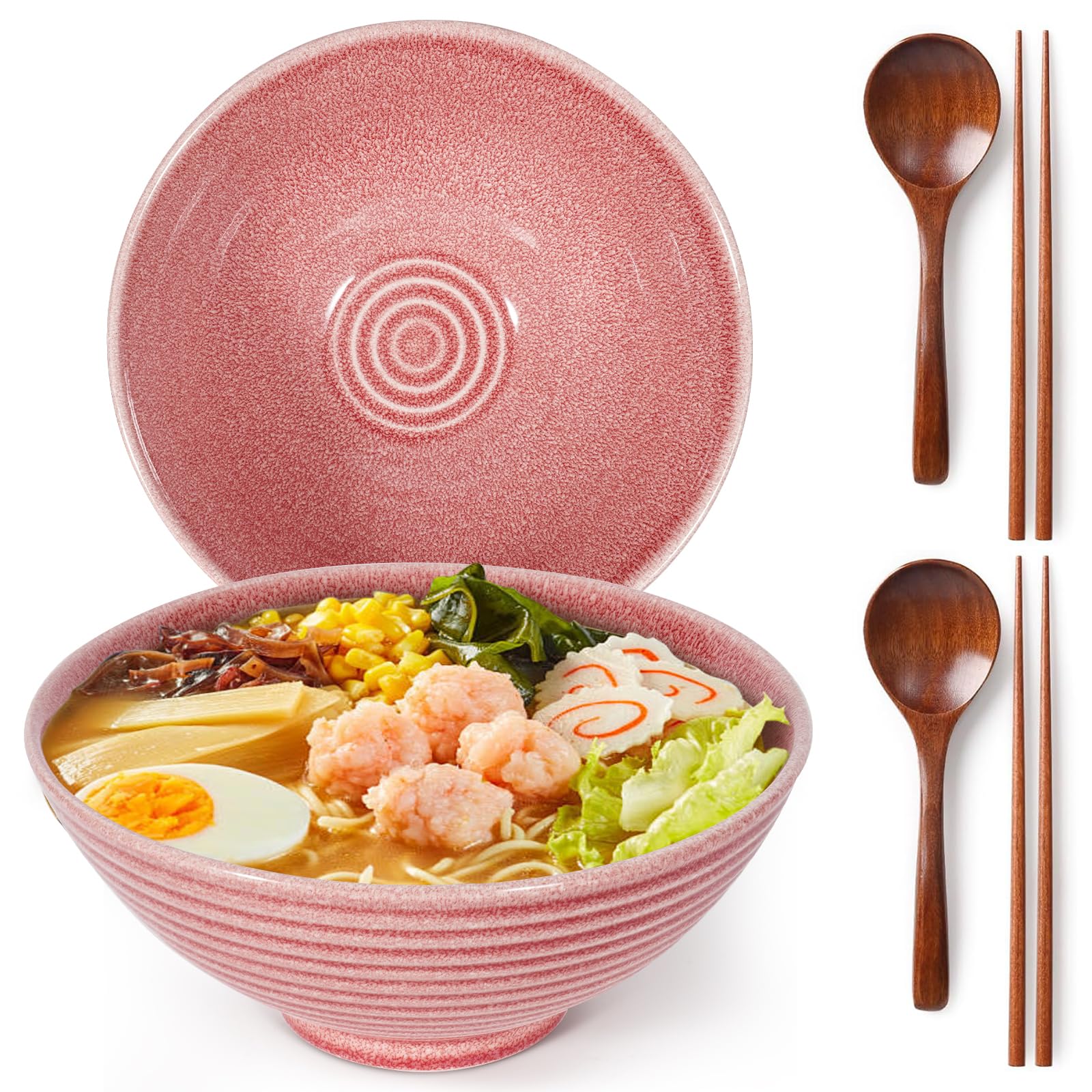 LRHAFET 2 x 1200ml Ramen Schüssel aus Keramik mit Essstäbchen und Löffeln, 20cm Ramen Bowl, Suppenschalen Rührschüsseln,Suppenschüssel Groß Ramen set rahmenschüssel.