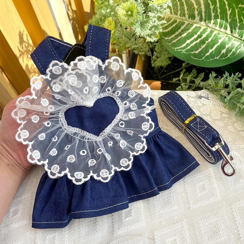 Spring Summer Pet Dog & Cat Princess Dress - Denim Dress with Lace Love Heart for Small & Medium Pet