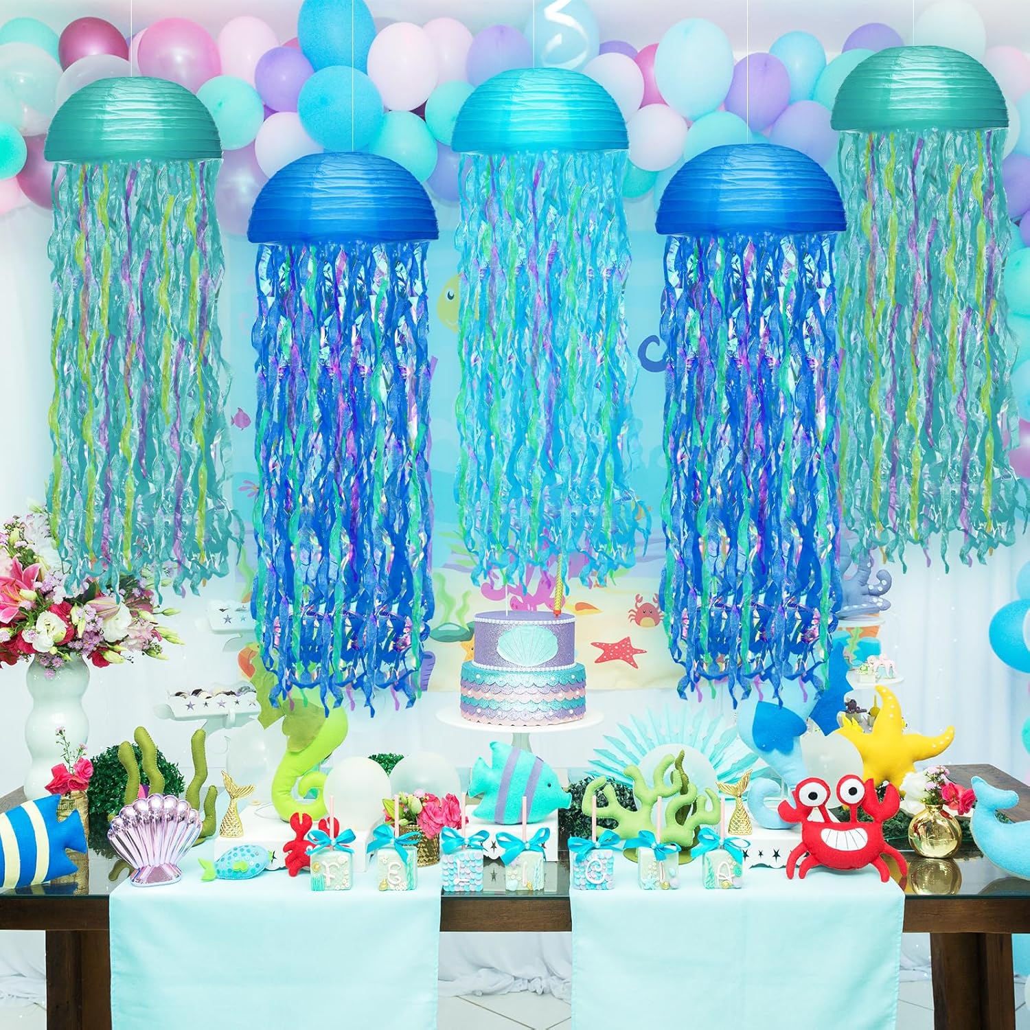 Motipuns 6 Pcs Light up Jellyfish Paper Lanterns Set Hanging Jellyfish Lanterns LED Lights Lamp for Under The Sea Party Decorations Mermaid Party Decorations(Blue Green)