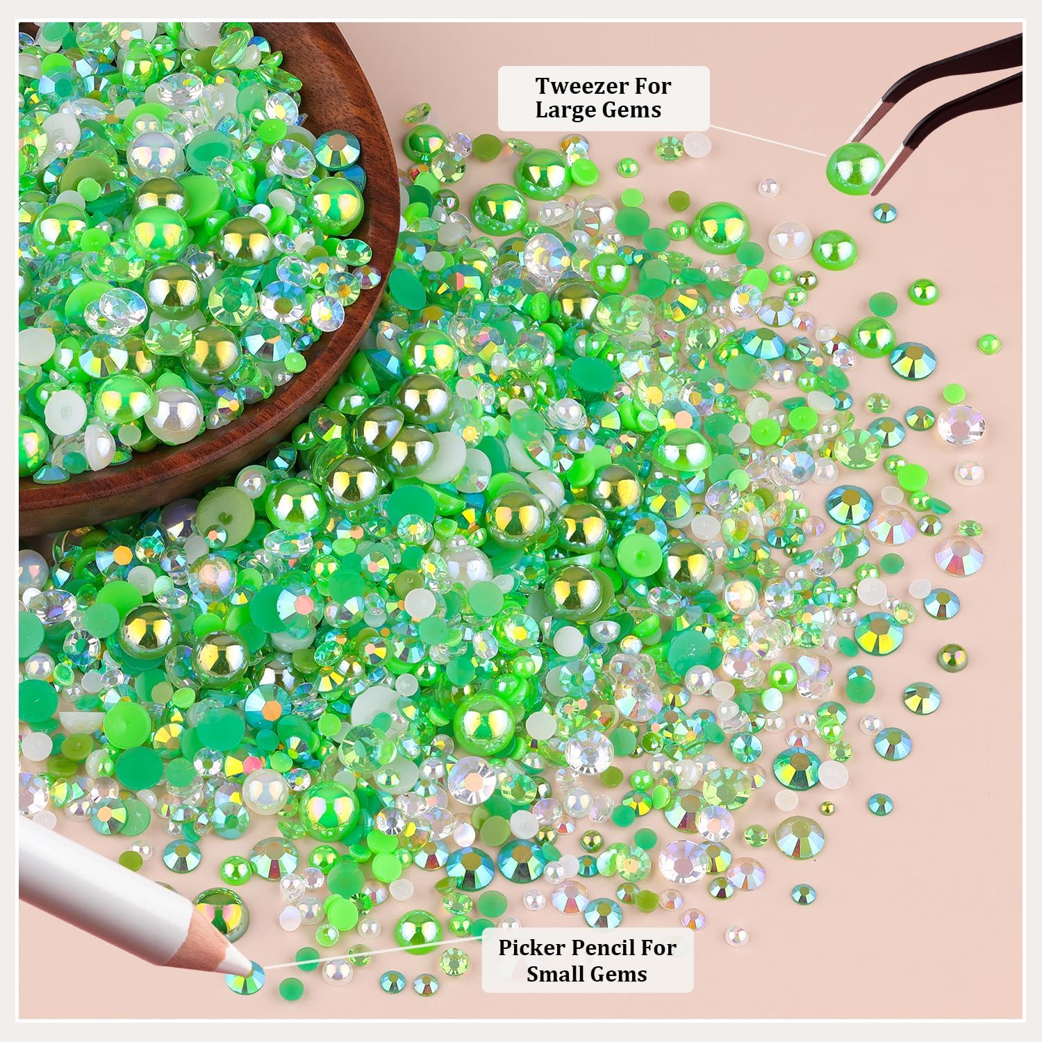 14000PCS Flatback Pearls and Green Rhinestones for Bedazzling Kit, Green Mixed Size 3-10mm Resin Rhinestones Gems and Half Pearls for Crafting, Nail Art Crafts Decoration - Image 4