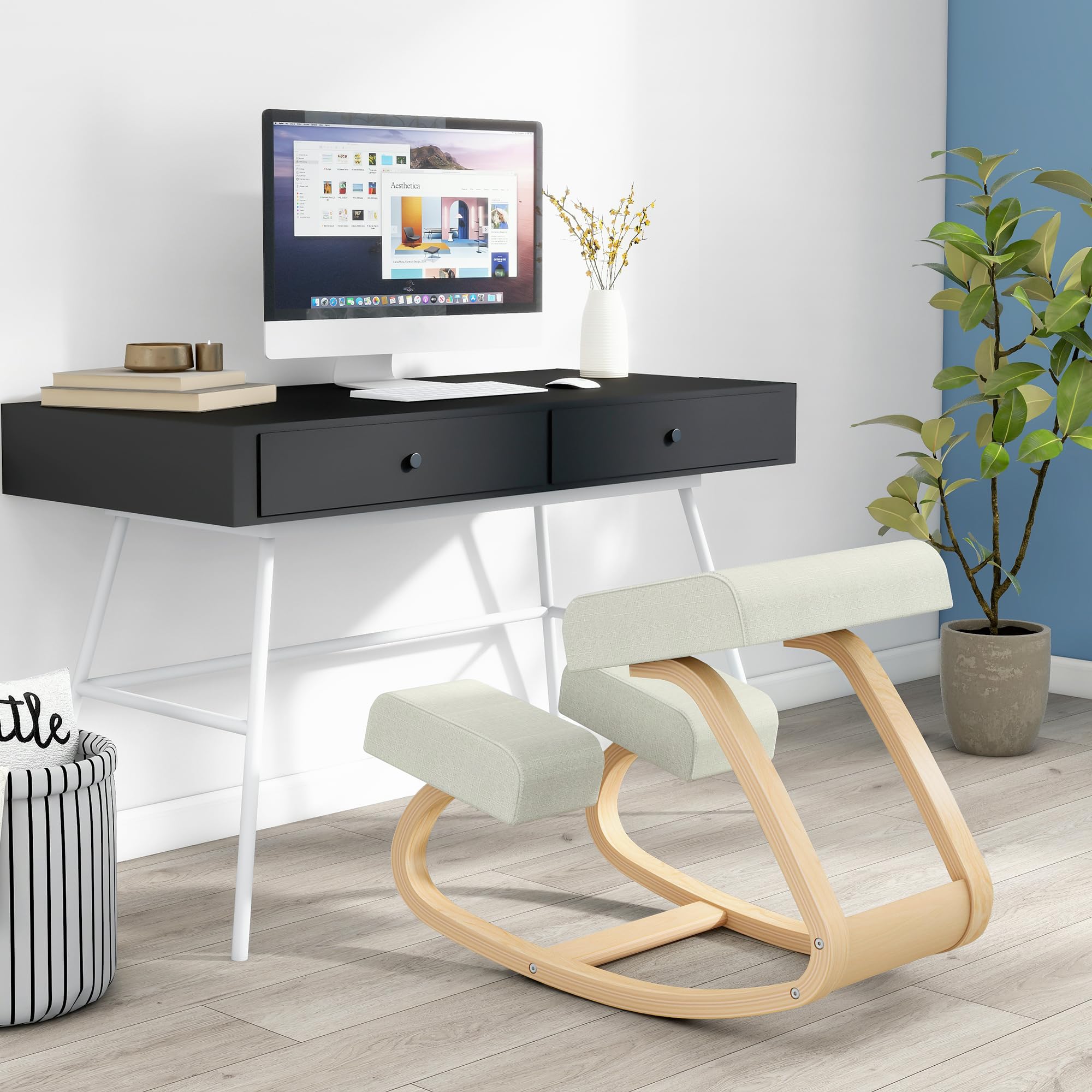 Ergonomischer Kniestuhl ausMassivholz mit Wippfunktion,gepolsterte Sitz-und Knieauflage fuirBuro, Homeoffice und Lernen, bis 100kg