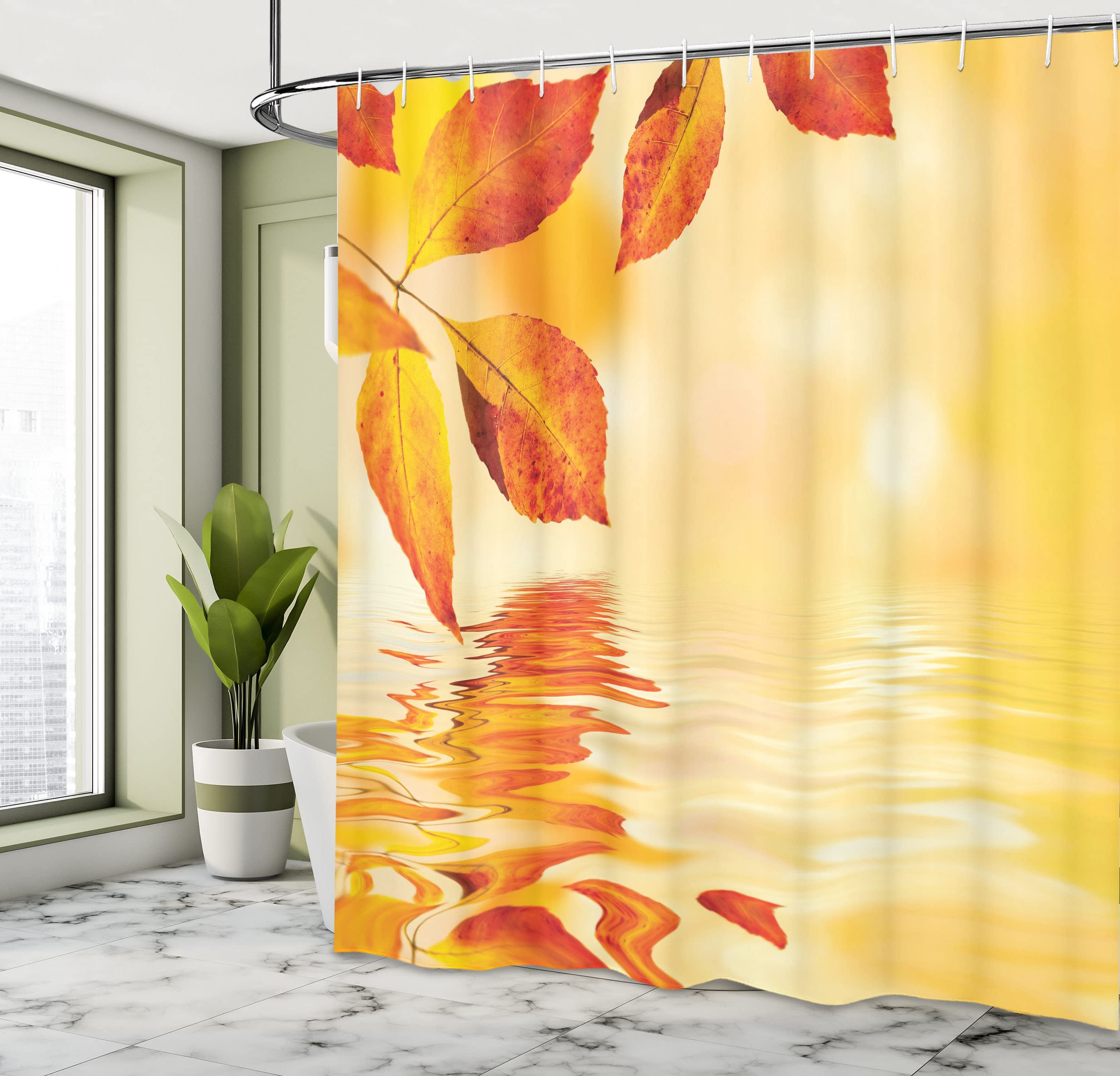 ABAKUHAUS Orange Shower Curtain, Autumn Maple Leaves Shadow on the Water Mystic Sun Image - Image 4
