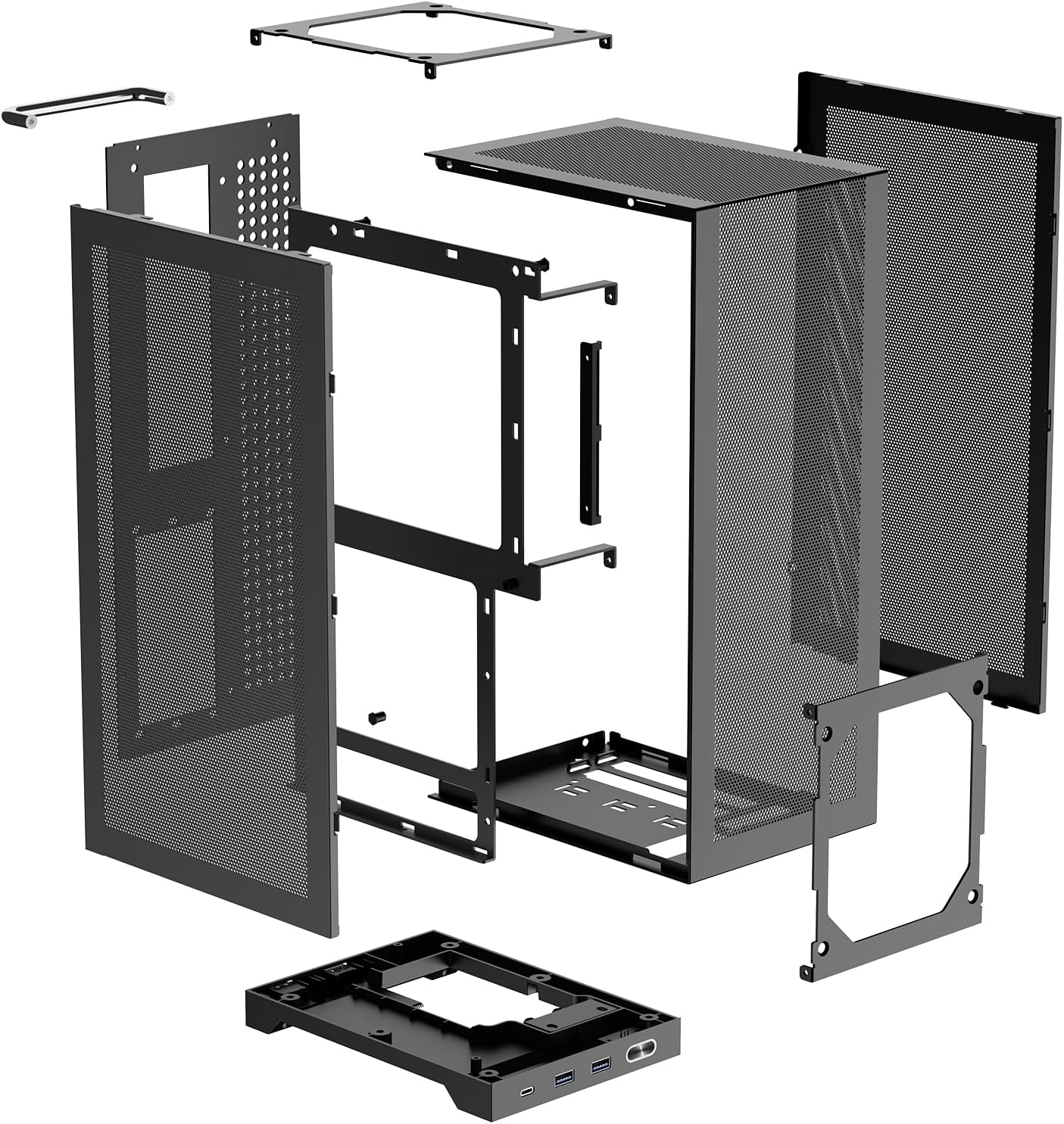 Exploded view of the SHINYSNAKE L300 PC case showing all removable panels and internal components.