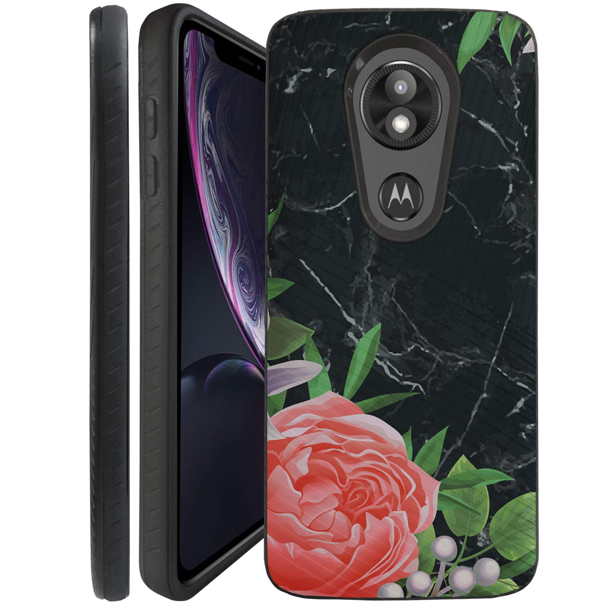CasesOnDeck Case for Motorola Moto E5 Plus/Moto E5 Supra - Slim Fitted Hybrid Fusion Embossed Dual Layer Cover (Rose Marble Black)