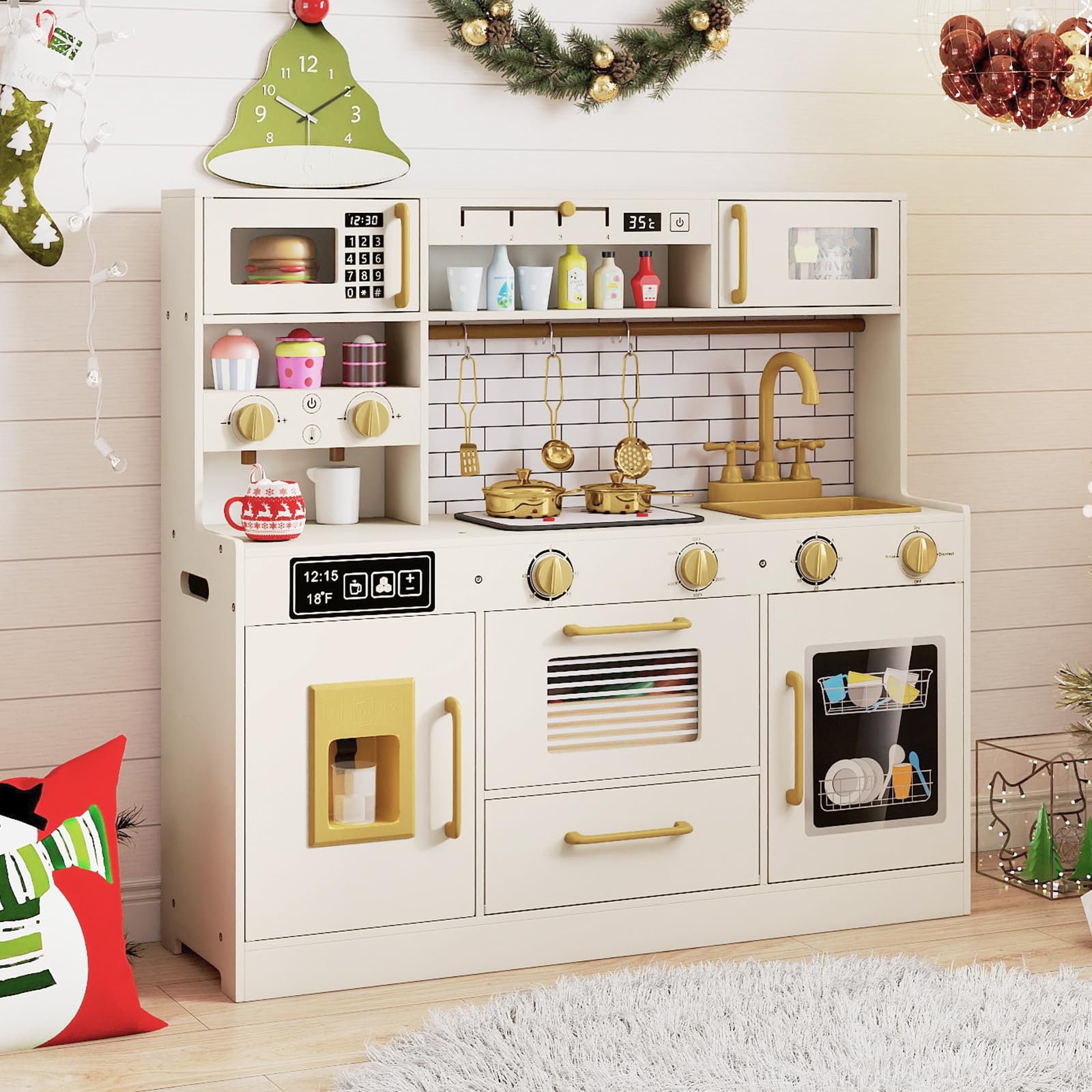 COSTWAY Cucina Giocattolo per Bambini, Set Cucina Gioco in Legno con Macchina per Ghiaccio, Caffettiera, Lavastoviglie e Accessori, Luci e Suoni, Regalo di Ruolo per Bambini 3+ Anni