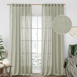 LAMIT Sage Grey Sheer Linen Curtains, 108 inch Light Filtering Semi Sheer Panels Back Tab and Rod Pocket Farmhouse Rust Drapes for Bedroom/Living Room, 2 Panels, 52 x 108 Inch