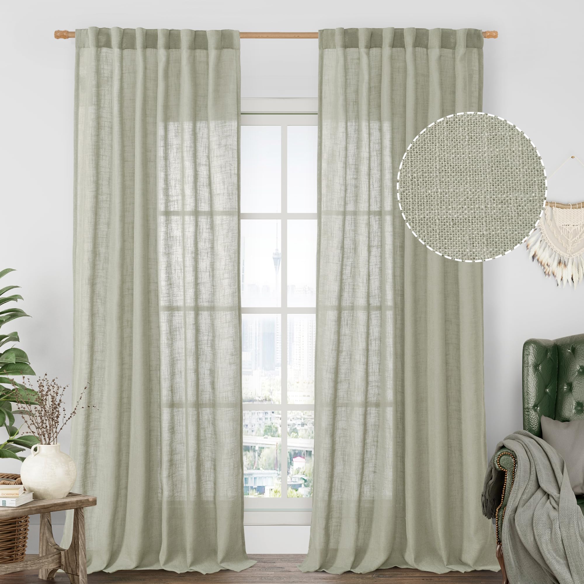 LAMIT Sheer Linen Curtains for Living Room, Back Tab and Rod Pocket Curtains Light Filtering Country Rustic Farmhouse Drapes for Bedroom/Farmhouse, 2 Panels, 52 x 102 Inch, Sage Grey โ image 1