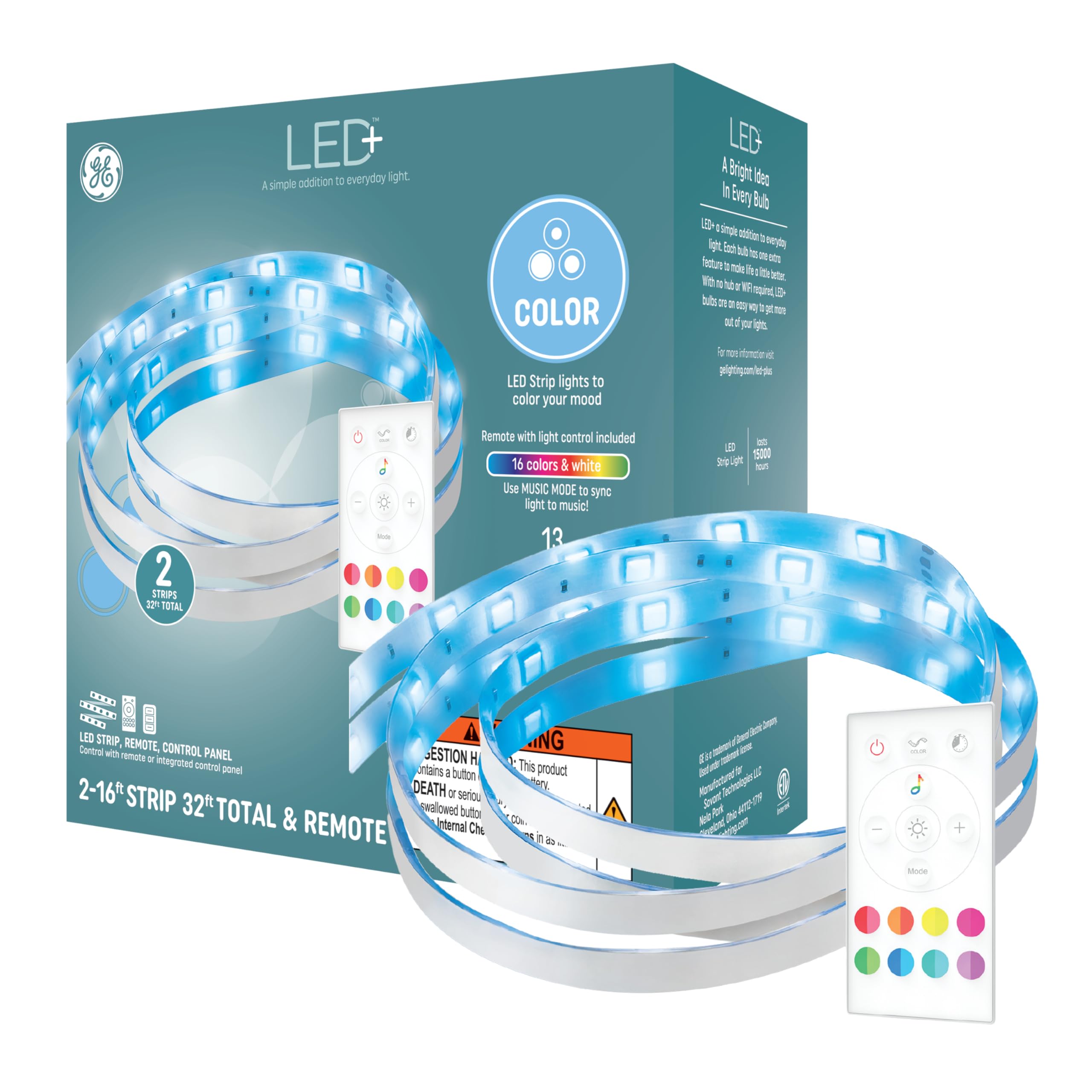 GE LED+ Color Changing LED Light Strip with Remote, 13W, Music Syncing Strip Light, 32ft