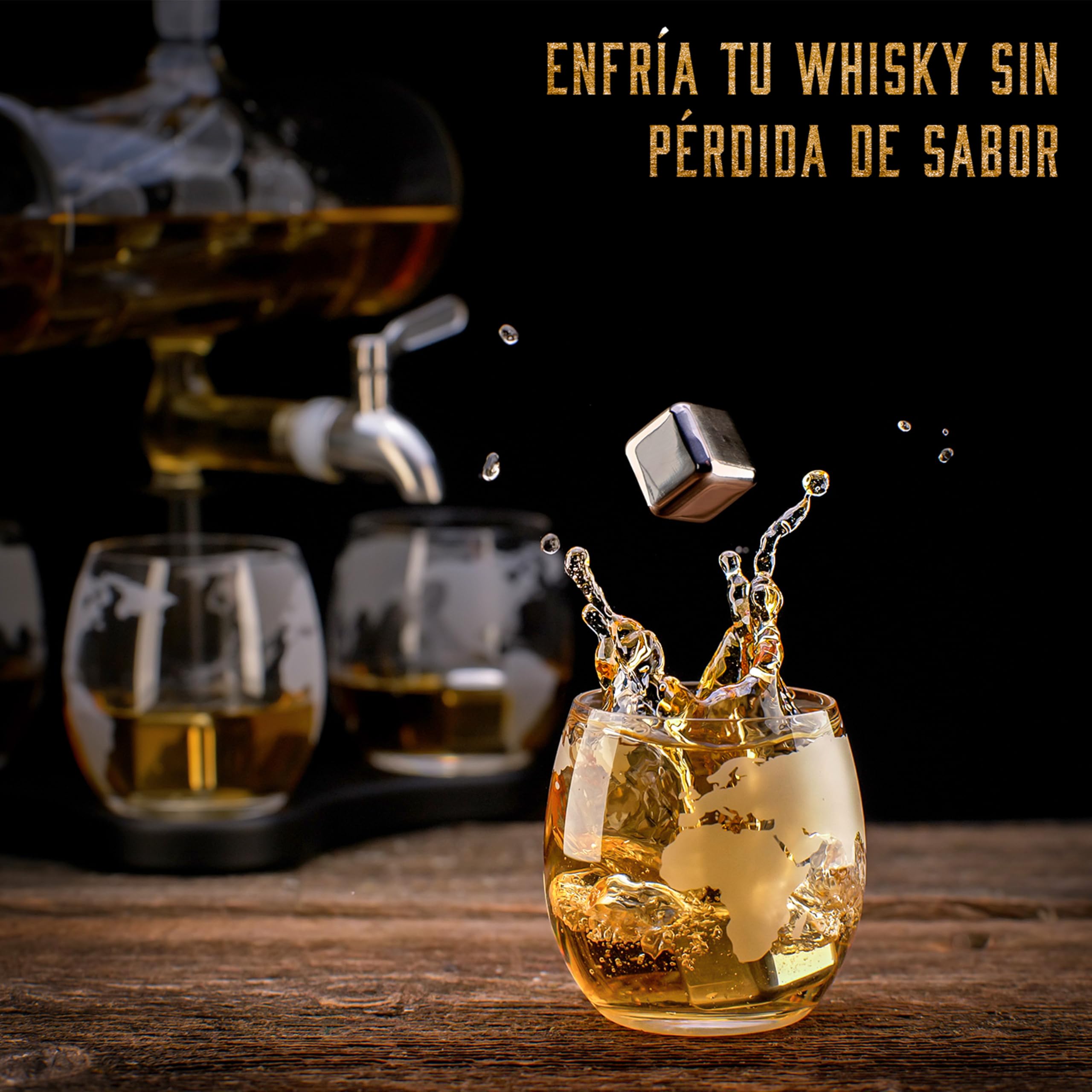WHISISKEY Decantador de Whisky - Jarra de whisky - Decantador 1100ml - Set de Regalo de Whisky - Regalos Originales para Hombres - 4 Vasos de Whiskey x 285ML, 4 Piedras de Whisky, Accesorios