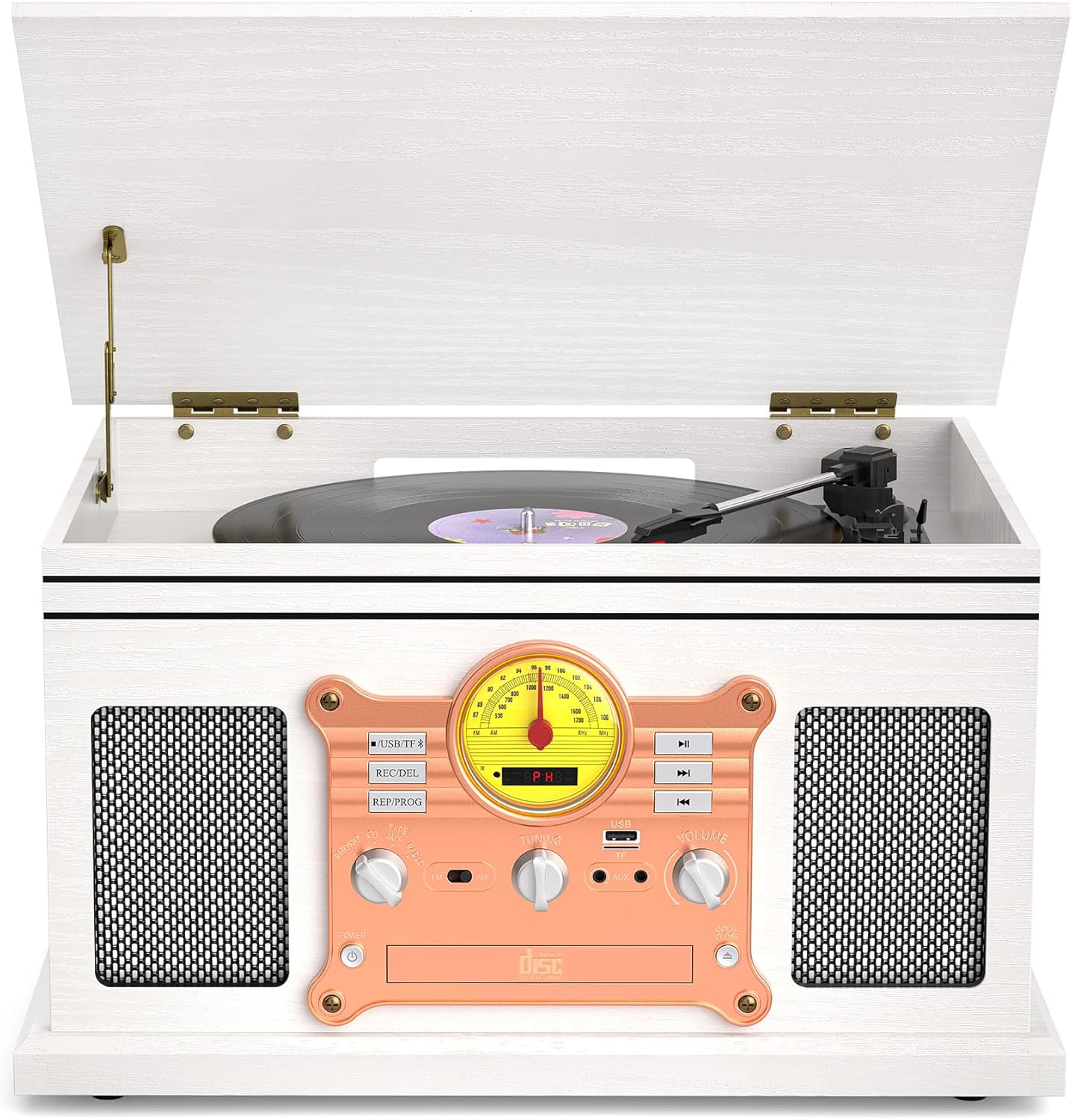 Vinyl Record Player and CD Player Cassette Combo, 10 in 1 Bluetooth Record Player with FM/AM Radio USB/TF Recording & AUX/RCA, Vintage 3-Speed Turntable for Home Decor, Gift Ready White Wood